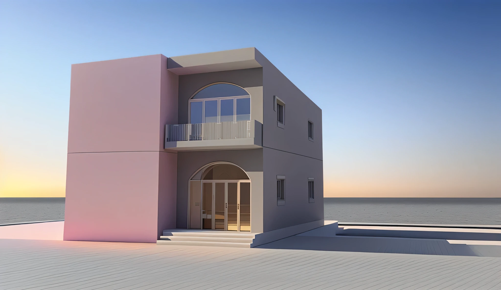 arafed image of a pink and grey building with a balcony, 3d rendering, 3 d rendering, front elevation view, rendered 3d model, 3/4 view realistic, building facing, complete house, front perspective, 3 - d render, elevation view, frontview, 3d rendered model, front-view, inter dimensional villa, render 3 d