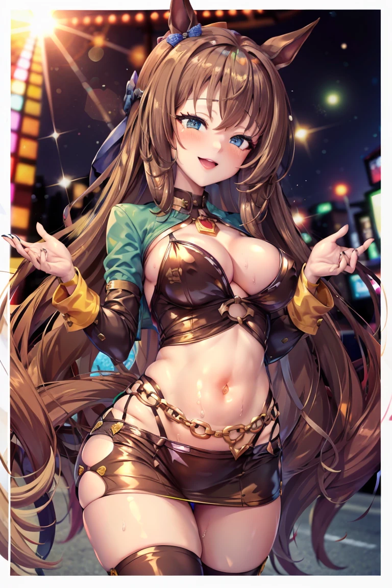 masterpiece, highres, best quality, absurdres, official, bodycon, microdress, 1girl, solo, (maruzensky \(Umamusume\)), skindentation, extremely wrinkled shiny clothes reflecting light, latex, skin fit, gleaming skin, miniskirt, navel, glamorous perfect female proportion, captivating smile, blush, venue,