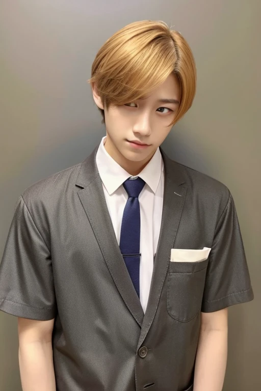 male,center parts,forehead,beautiful young man,japan america mix,,like a girl,orange blond hair,light brown eyes,gray shirts,white necktie,long shot,black pants,from front,full body,double eyelids,sad