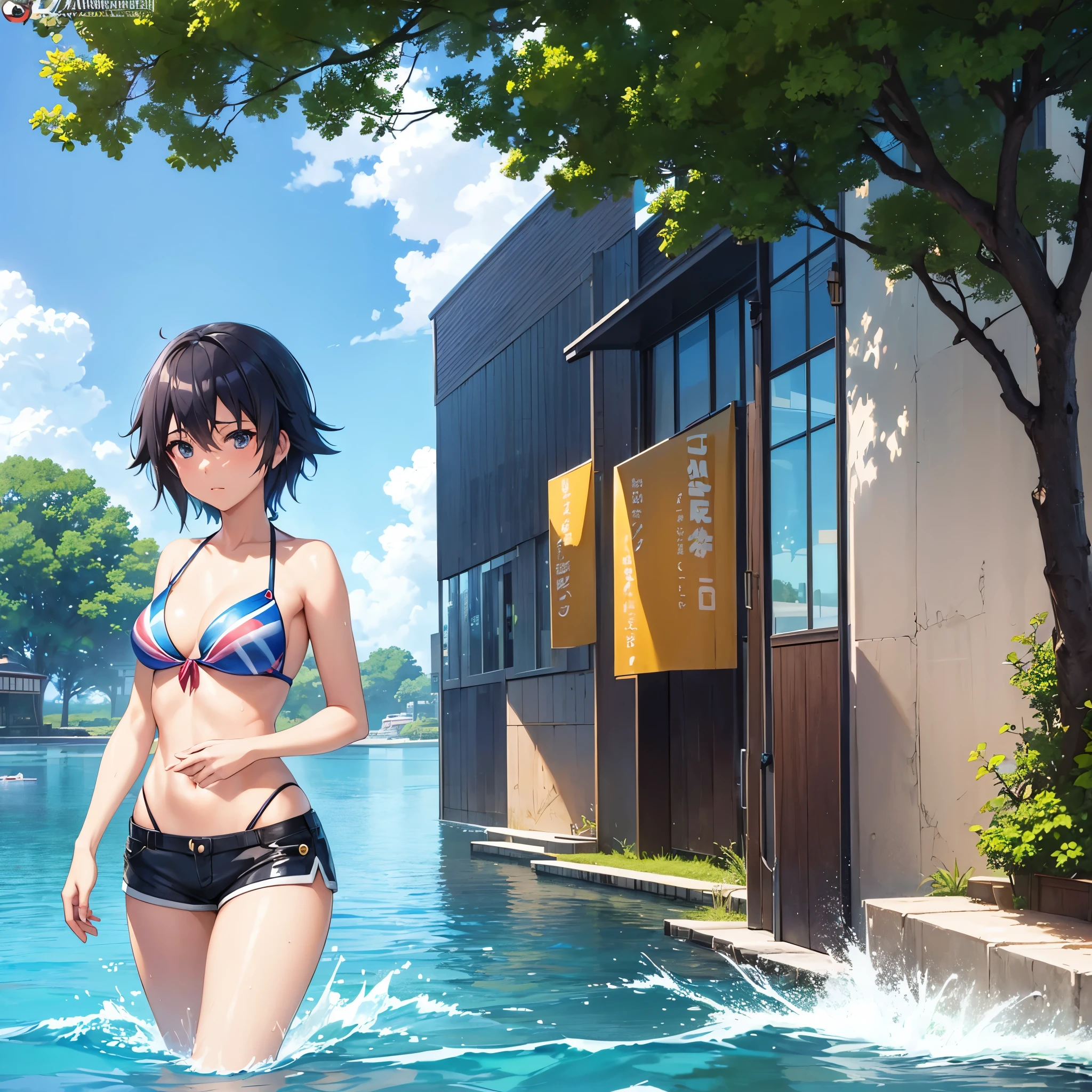 anime girl in a bikini top and shorts posing in the water, makoto shinkai and artgerm, seductive anime girl, attractive anime girl, beautiful alluring anime woman, beautiful anime girl, kantai collection style, anime style 4 k, guweiz, anime girl walking on water, kawacy, makoto shinkai ( apex legends )