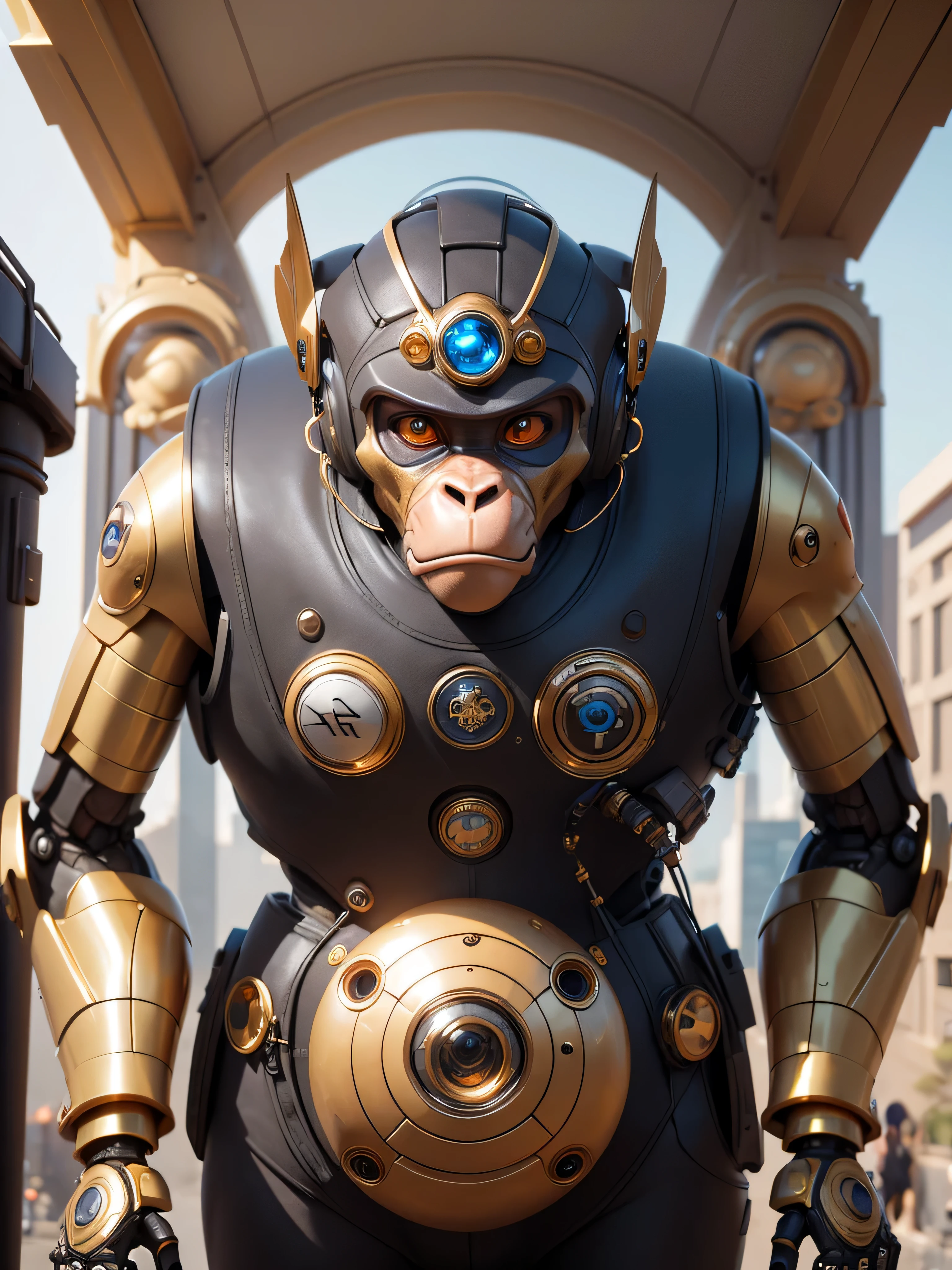 (masterpiece, best quality:1.33), A realistic and immersive digital illustration of an artificial intelligence monkey/robot made of glass/gold, having its own unique adventures. The monkey-robot is autonomous, curious and creative, In the illustration, we see the monkey-robot as it explores and navigates planet Earths city of San Francisco. It encounters and investigates various elements best quality 8k art by Ray Shark