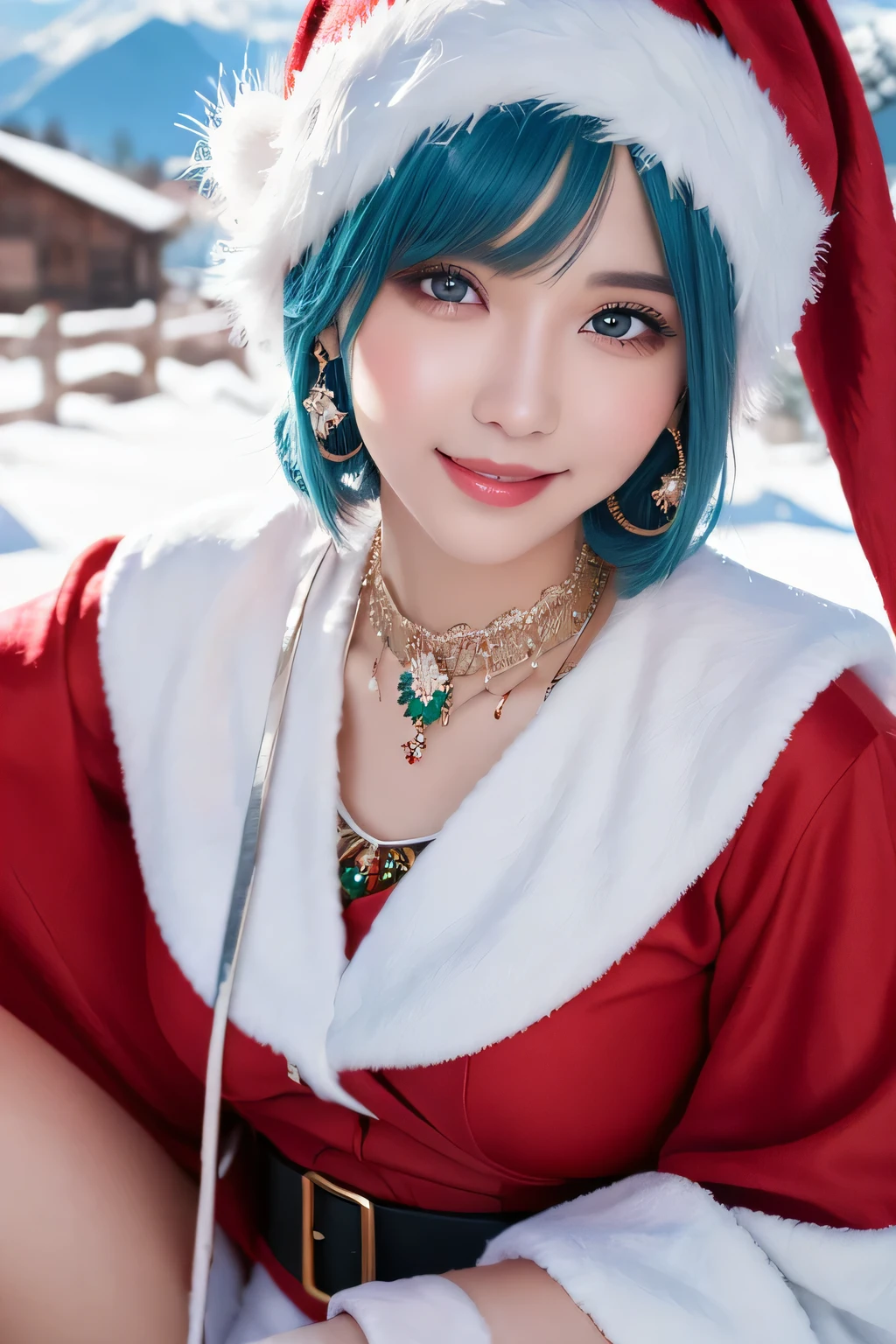 ((masutepiece)), ((Best Quality)), (Ultra-detailed), ((kawaii)), kawaii系, (lovely), ((Extremely detailed)), (Detailed eye), (detailed facial features), (Detailed fingers), (detailed clothes features), 4K, (8K), (Beautiful), Illustration, (Cowboy Shot:1.2),, mont, vila, evening, Winters, Pretty women, 1 woman, (santa costume:1.3), Beautiful blue hair, Medium short hair, Beautiful black eyes, ((Beautiful eyes)), tights, (Hair ornaments), earrings, (Bib Necklace), Smile, blush, Brown skin, Lens Flare, snow effect, shiny