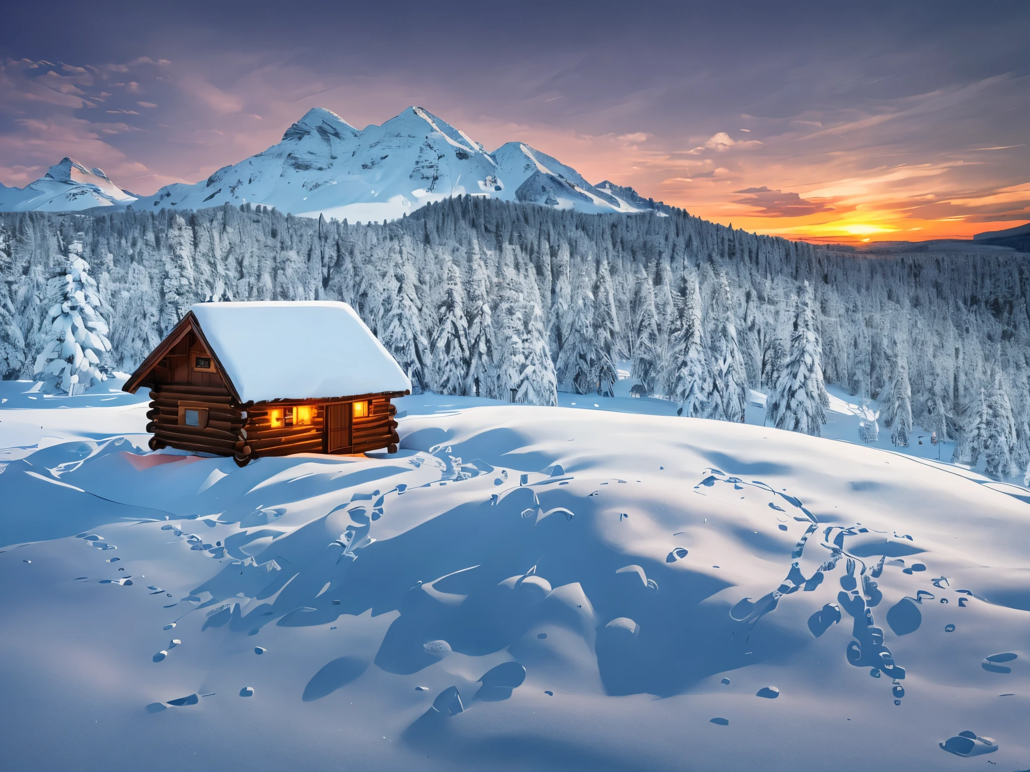 There is a mountain behind it, a cabin on a snowy hill, surrounded by trees, late afternoon, sunset atmosphere, details, high quality, realistic photo effects, 8k, camera-like composition --auto --s2