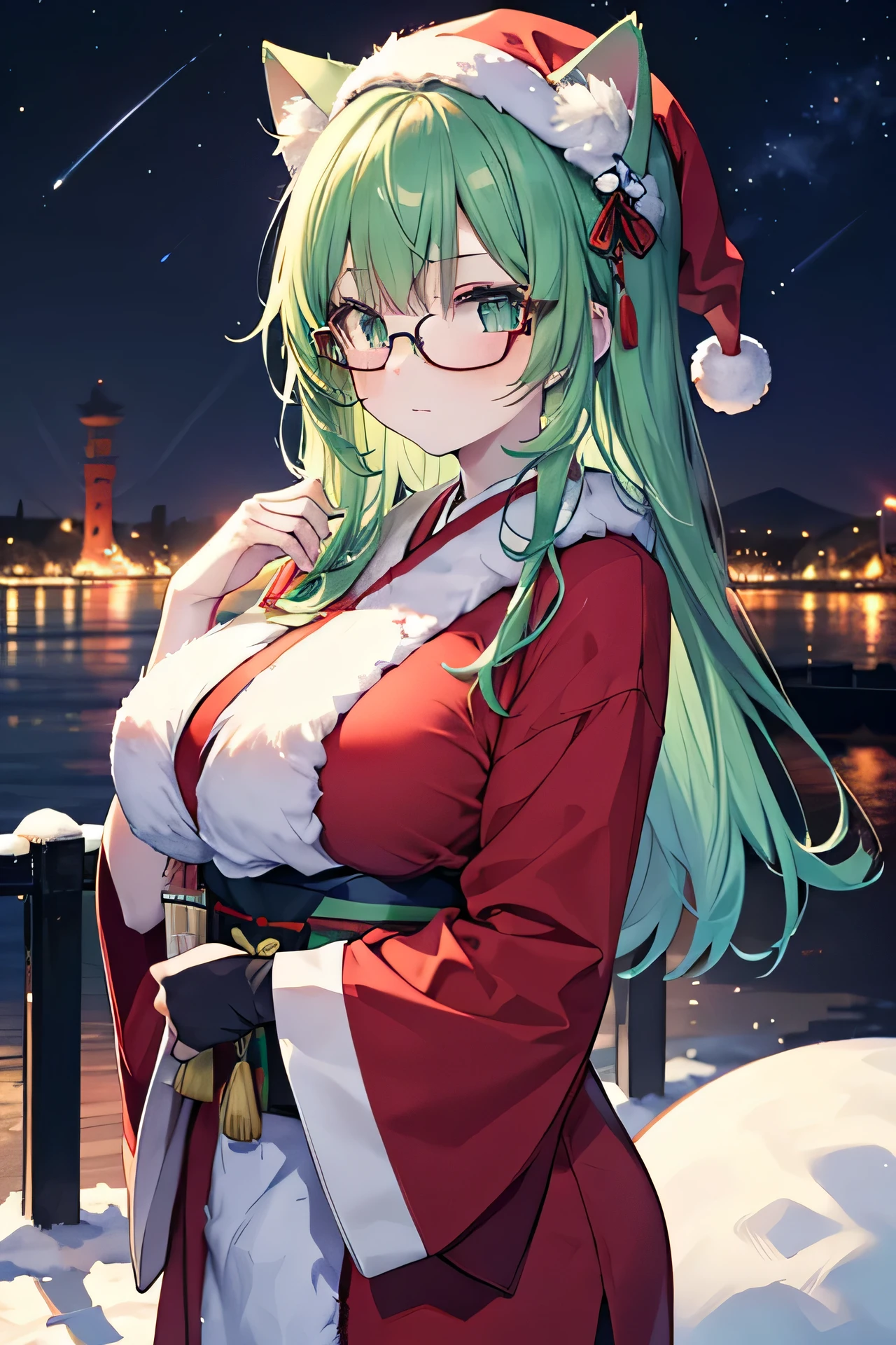 (masutepiece)), ((Best Quality)), ((8K)), High resolution, NSFW, 1girl in, Cat ears, pale skin, Green eye, Glasses, multicolored hair, Large breasts, harbour, yuki, Winters, forest, ((komono)), santa costume