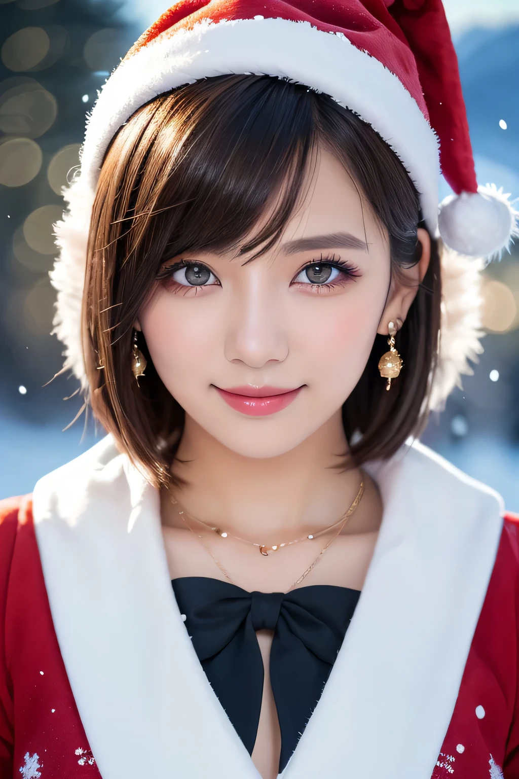 ((masutepiece)), ((Best Quality)), (Ultra-detailed), ((kawaii)), kawaii系, (lovely), ((Extremely detailed)), (Detailed eye), (detailed facial features), (Detailed fingers), (detailed clothes features), 4K, (8K), (Beautiful), Illustration, Upper body, mont, vila, evening, Winters, Pretty women, 1 woman, (santa costume:1.3), Beautiful blue hair, Medium short hair, Beautiful black eyes, ((Beautiful eyes)), tights, (Hair ornaments), earrings, (Bib Necklace), Smile, blush, Brown skin, Lens Flare, snow effect, shiny