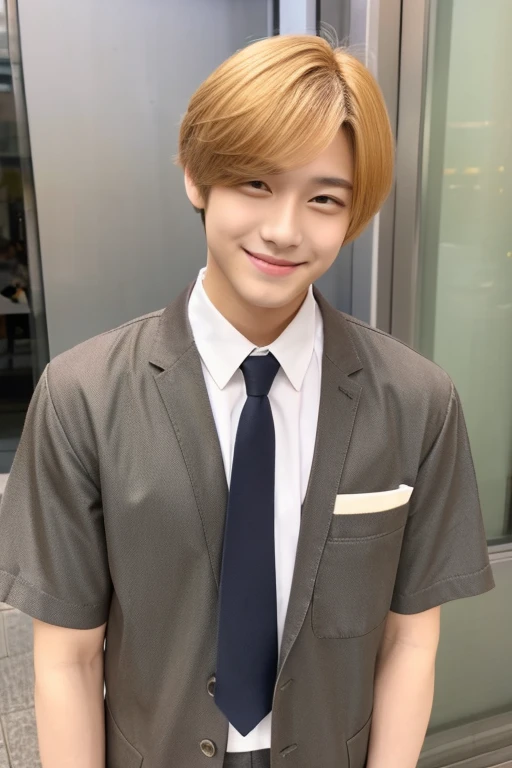 male,center parts,forehead,beautiful young man,japan america mix,teen age,like a girl,orange blond hair,light brown eyes,gray shirts,white necktie,long shot,black pants,from front,full body,double eyelids,smile