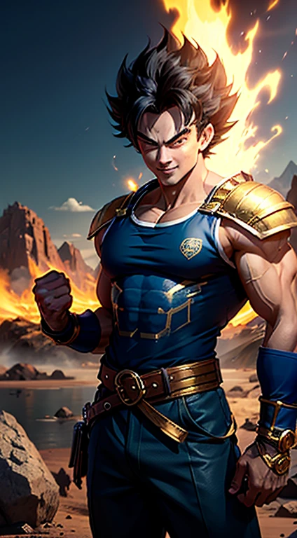 Saiyan, black hair, hair completely messy and disheveled, blue t-shirt with a dragon symbol and with golden sleeves and golden and shoulder pads, a white vest that looks similar to an armor, golden belt, blue gloves with gold touches on the knuckles, royal blue pants, blue boots, aura, small rocks rising into the air due to the aura, smiling, excited expression, in a mountain, mountain landscape, at the day.