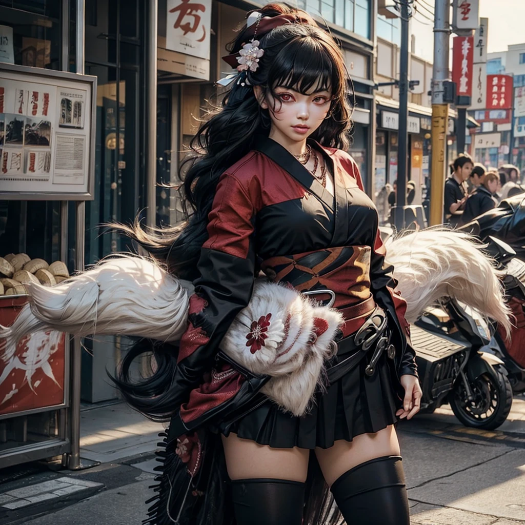 1girl, architecture, bangs, black_hair, black_kimono, breasts, east_asian_architecture, flower, hair_between_eyes, hair_flower, hair_ornament, japanese_clothes, kimono, long_hair, looking_at_viewer, multicolored_hair, obi, red_eyes, red_hair, sash, solo, thighhighs, standing on busy Japanese street