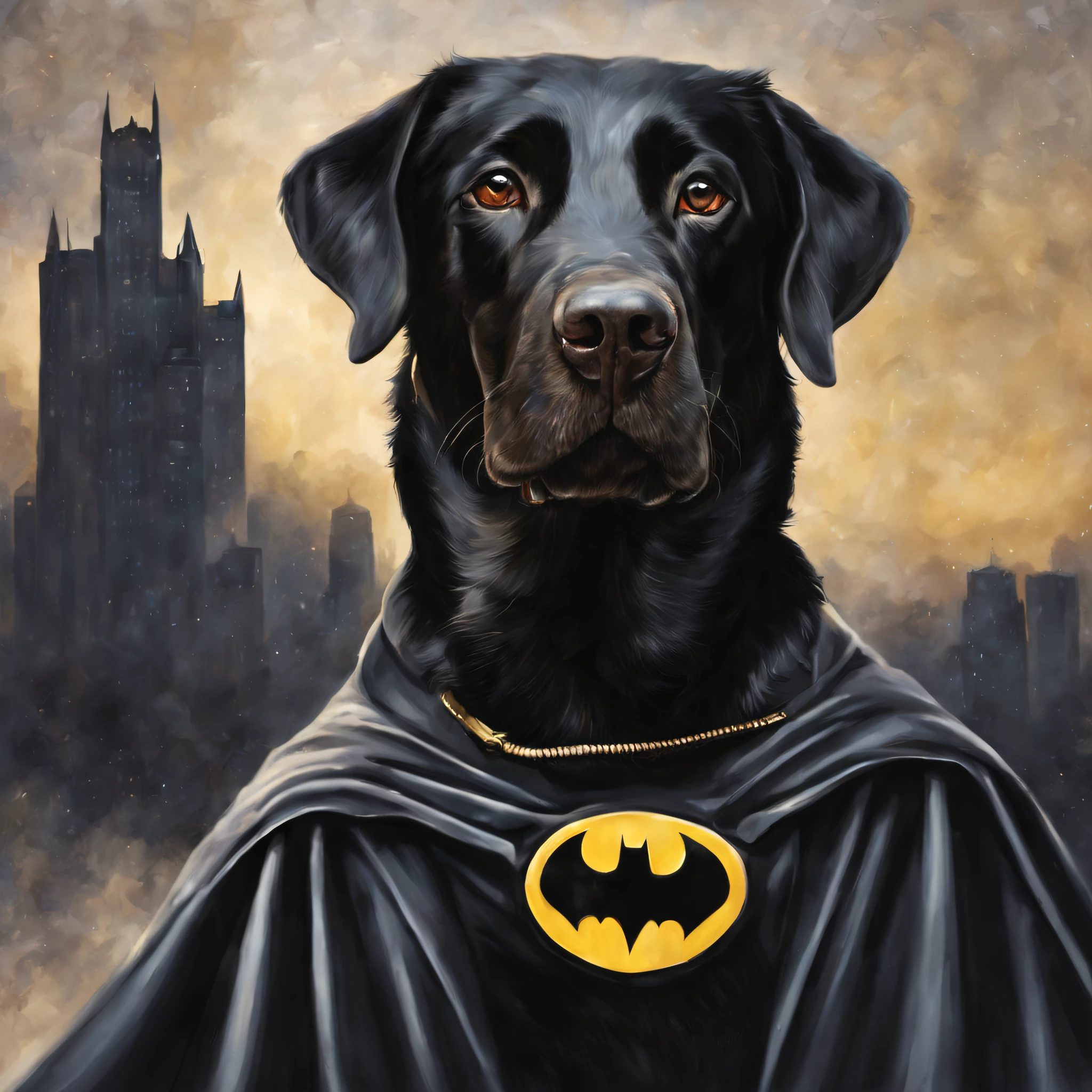 Black labrador with floppy ears, wearing a Batman costume, photoreal, portrait