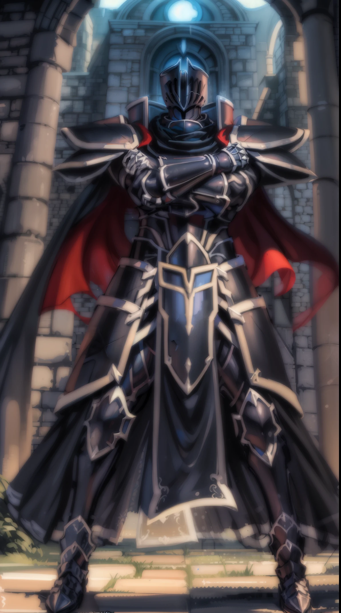 (masterpiece, best quality, detailed:1.2), BlackKnight_fe, armor, helmet, cape, from below, foreshortening, crossed arms, sky background, castle, snowing dark knight locking at viewer , He holds the sword with both hands Black magic sword , scarf standing full body viewer dark sword dark knight knight dark castle wallpaper from front