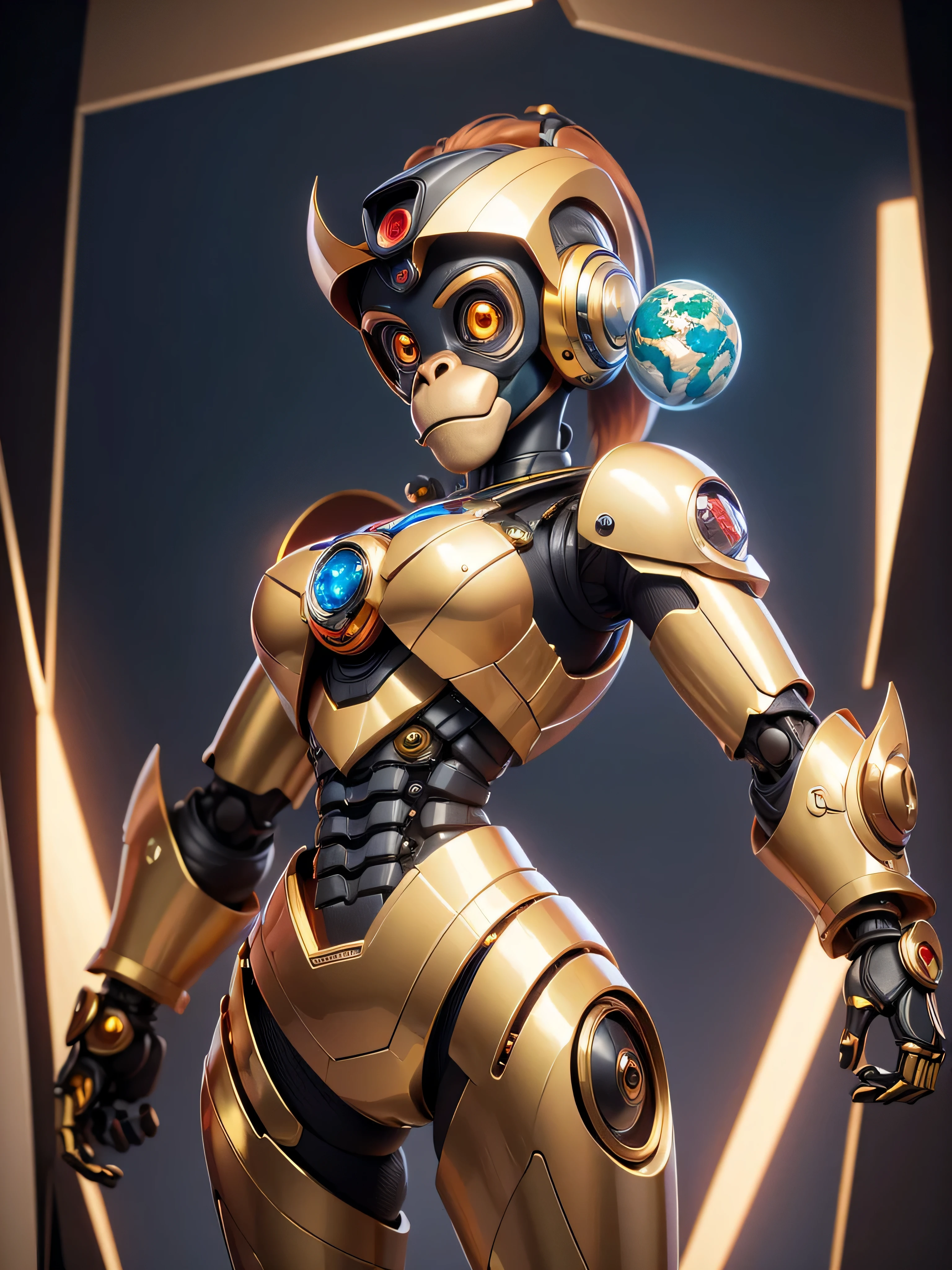 (masterpiece, best quality:1.33), A realistic and immersive digital illustration of an artificial intelligence monkey/robot made of glass/gold, having its own unique adventures. The monkey-robot is autonomous, curious and creative, In the illustration, we see the monkey-robot as it explores and navigates planet Earths city of San Francisco. It encounters and investigates various elements best quality 8k art by Ray Shark