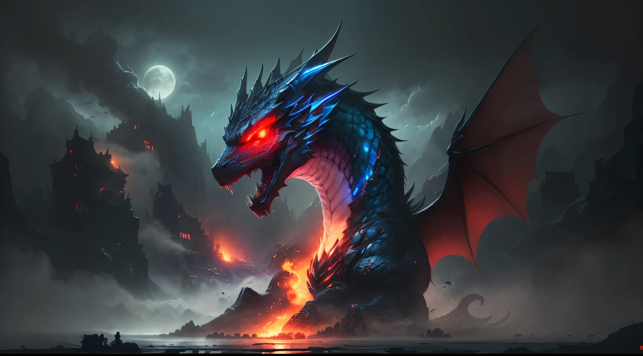 detailed photograph of a massive Chinese style black dragon, towering over tiny village, glowing red eyes, surrounded by mist to add sense of scale, (extreme detail), (hyper-realistic), cinematic style --auto --s2