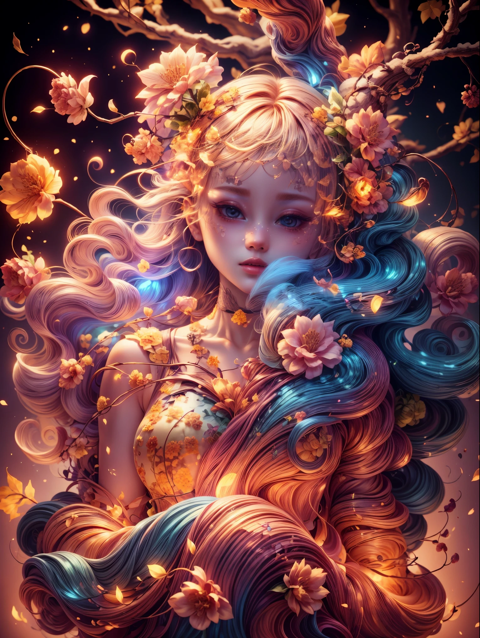 Best quality at best, tmasterpiece, A high resolution, 1个Giant Breast Girl,Chinese dress,hair adornments,choker necklace, jewely,pretty face,above_body, dingdall effect,realisticlying, dark studio, edge lit, two color lights,(highdetailskin:1.2), 8K uhd, SLR camera, gentlesoftlighting, high qulity, Volumetriclighting, Frankness, photore, A high resolution, 4K, 8K, bokeh, Blonde hair
