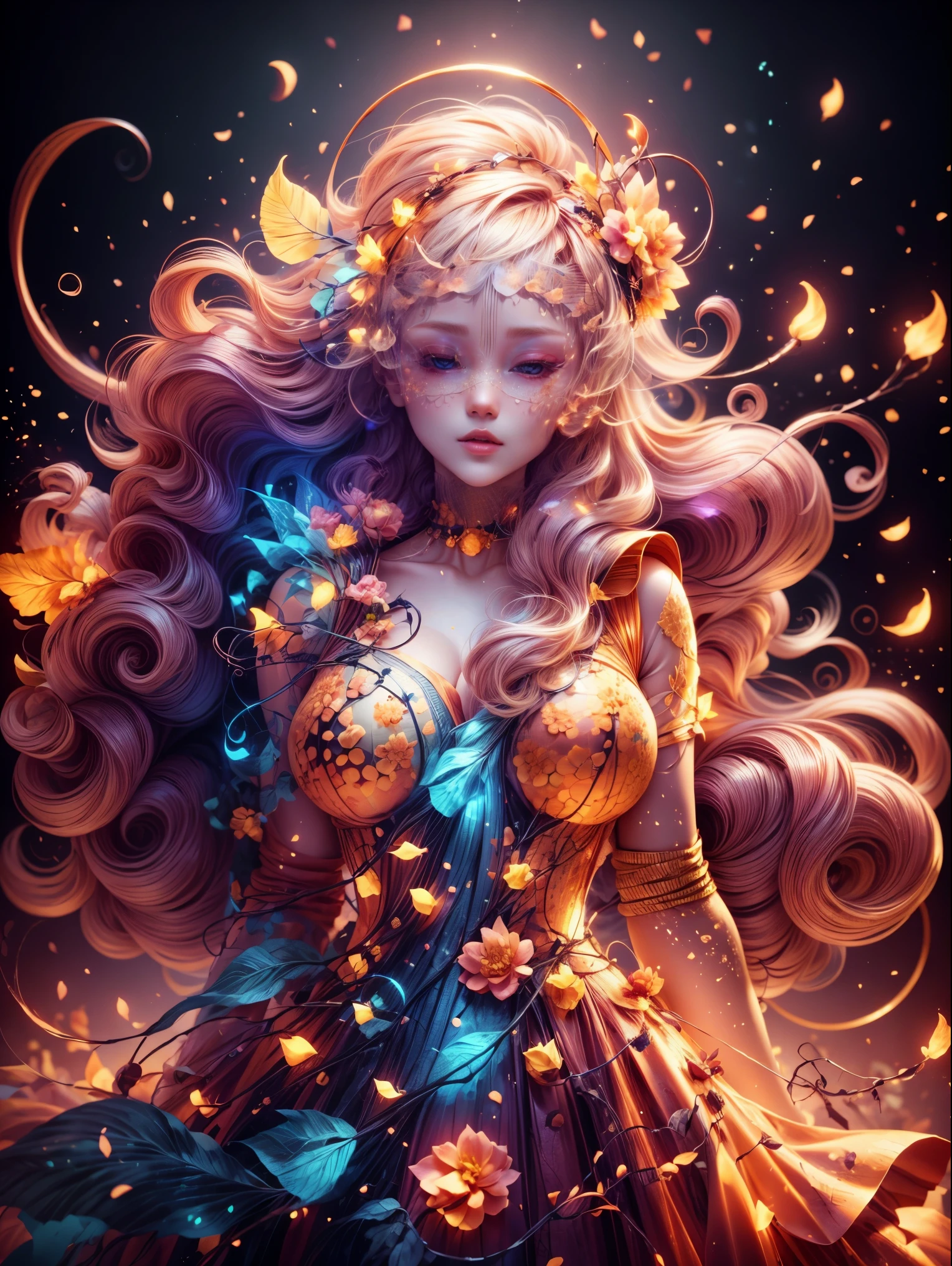 Best quality at best, tmasterpiece, A high resolution, 1个Giant Breast Girl,Chinese dress,hair adornments,choker necklace, jewely,pretty  face,above_body, dingdall effect,realisticlying, dark studio, edge lit, two color lights,(highdetailskin:1.2), 8K uhd, SLR camera, gentlesoftlighting, high qulity, Volumetriclighting, Frankness, photore, A high resolution, 4K, 8K, bokeh, Blonde hair