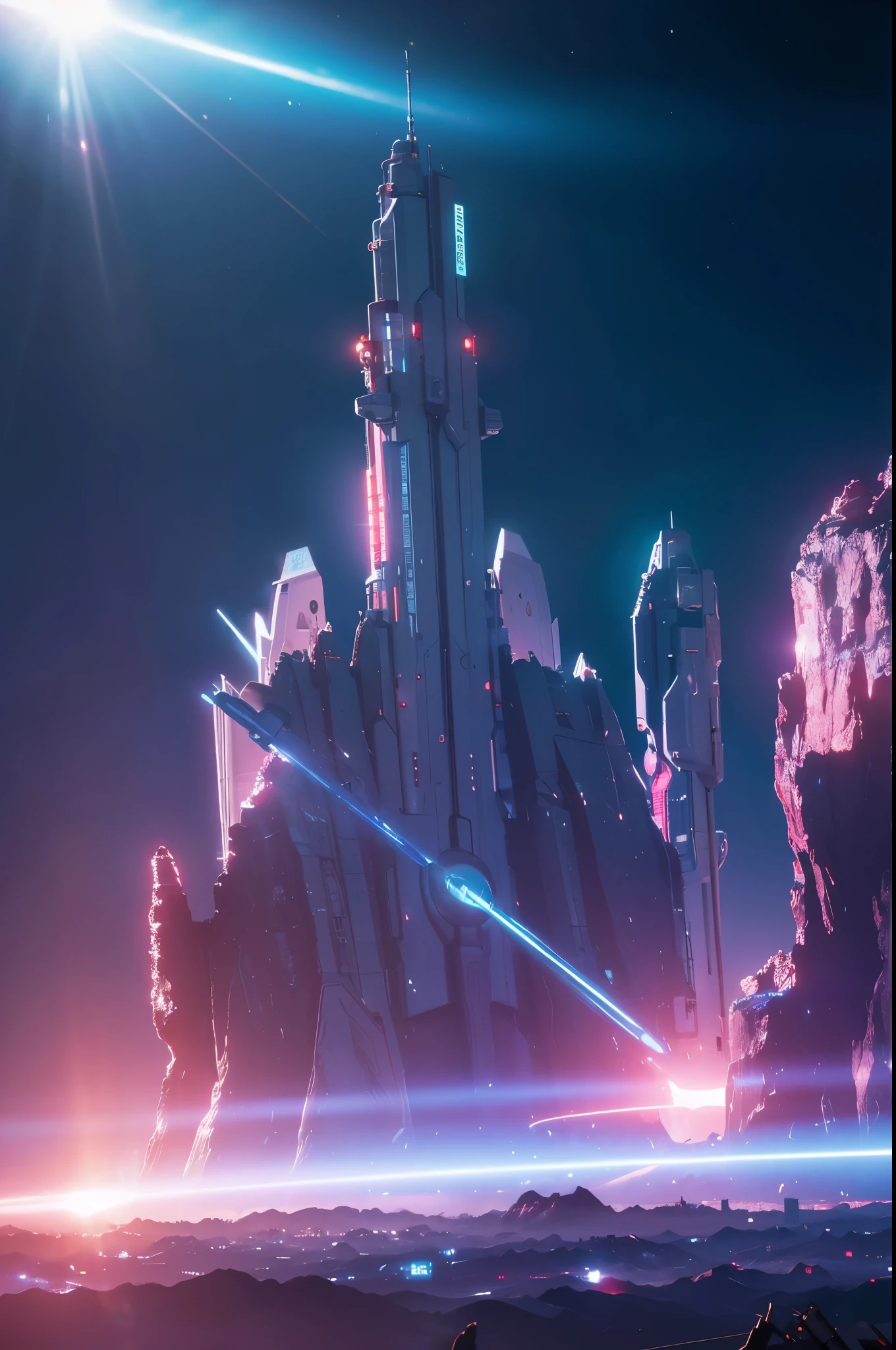 8K,UHD,RAW,hireidelity:1.4),Cinematic lighting,depth of fields,red halo,glarelight,Lens effects,lens flare glow,alien spaceship,sci-fy,Cyberpunk-city,low-saturation, Giant robots destroy the world,