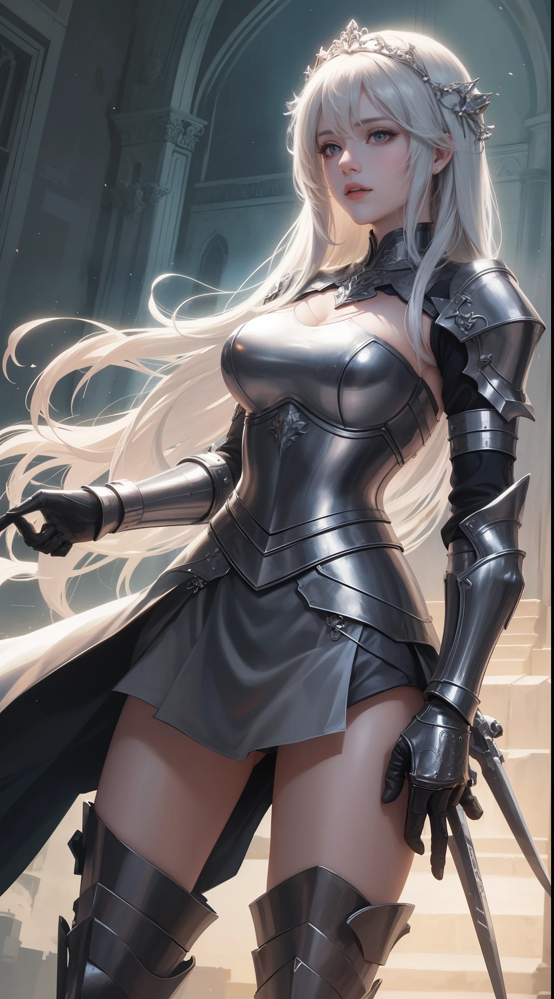 tmasterpiece,Highest image quality,A beautiful bust of a dashing female knight,Exquisite silver-white long hair,(Clear red eyes:2.0),holy sword,Gorgeous and exquisite armor all over the body,Armor gauntlets,Medieval Church Templar Set,Ultra-detailed details,advanced。At the Pixiv Art Station,Break your own power,The kinky is exposed,R-18G