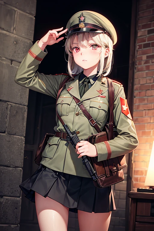 military, ww2, ussr army, Killing expression, Wear a short skirt, Drink vodka, Alone, photo techniques, 5 fingers, girl, Red eye, Carrying an weapon, ushanka,