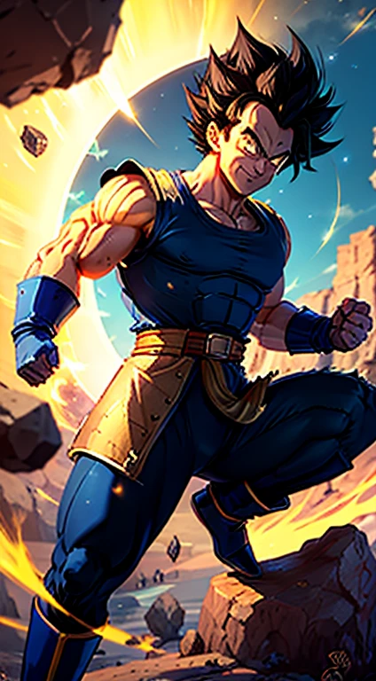 Saiyan, black hair, hair completely messy and disheveled, blue t-shirt with a dragon symbol with golden sleeves, golden shoulder pads, a white vest that looks similar to an armor, golden belt, blue gloves with gold touches on the knuckles, royal blue pants, blue boots, aura, small rocks rising into the air due to the aura, smiling, excited expression, in a mountain, mountain landscape, at the day.