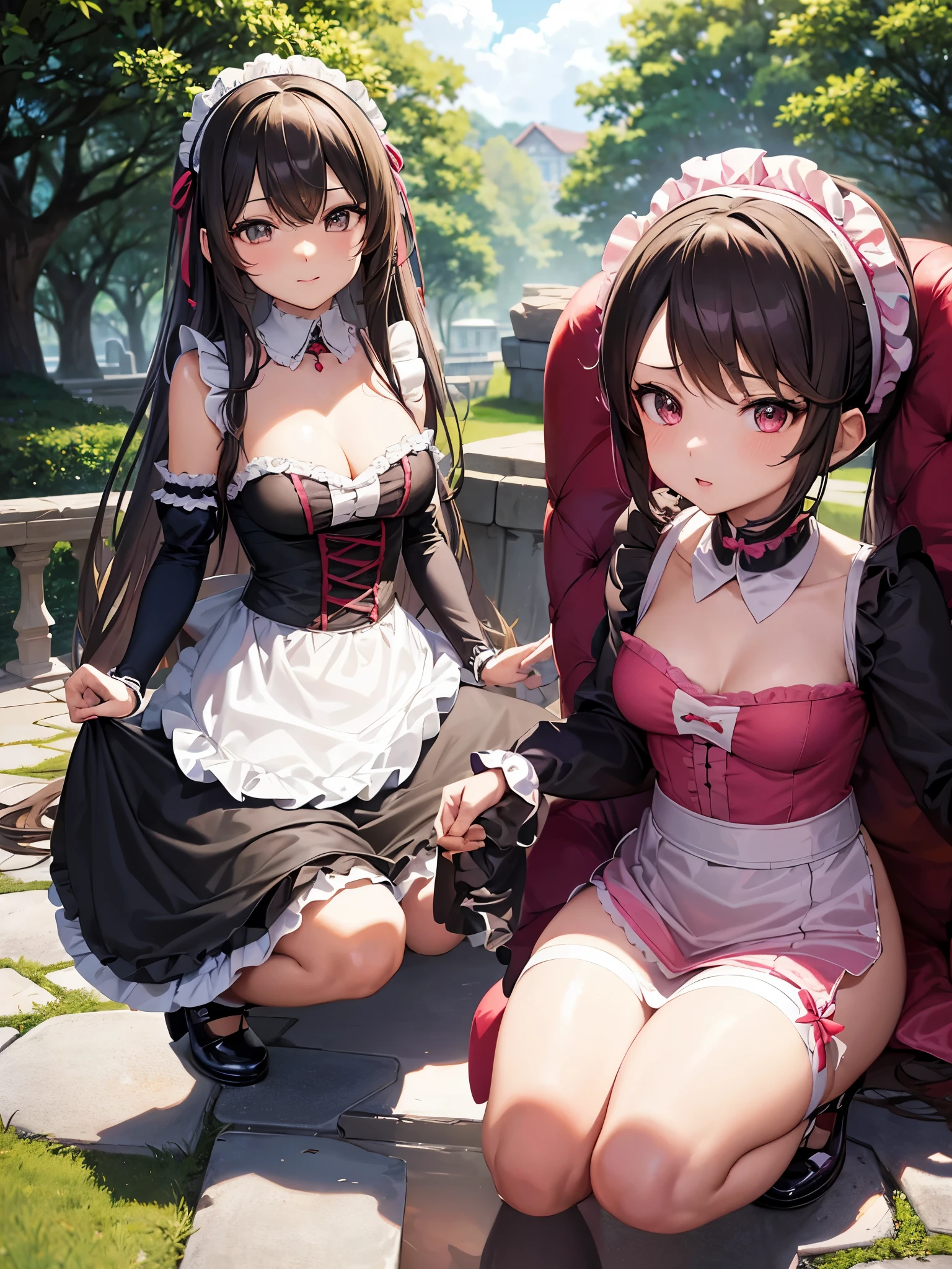 anime image of a woman in a maid outfit posing for a picture, anime girl in a maid costume, anime cat girl in a maid costume, in dress, gorgeous maid, small curvy loliductive anime girl, anime maids riding early tanks, splash art anime loli, a maid in a magical forest, beautiful anime girl squatting, maid outfit