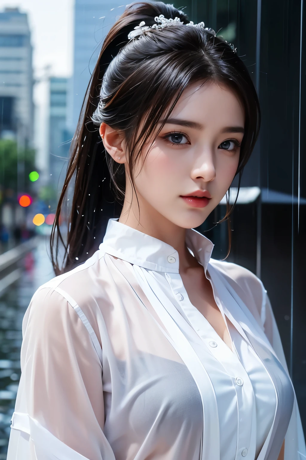 tmasterpiece，Best quality，A high resolution，8K，((Portrait))，(Head close-up)，Original photo，real photo，digital photography，( women in a modern style)，( maidens)，20岁女孩，ponytail haircut，((Red eyeig breasts)， jewelry，Keep your mouth shut，Beautiful Elegant，((Shy))，Be red in the face，Noble and charming，(White shirt，Shirt)，(Get wet in the rain)，(Soaked to the skin)，Photo pose，Modern characters，Realistic style，rainy days，City background in rain，oc render reflection texture