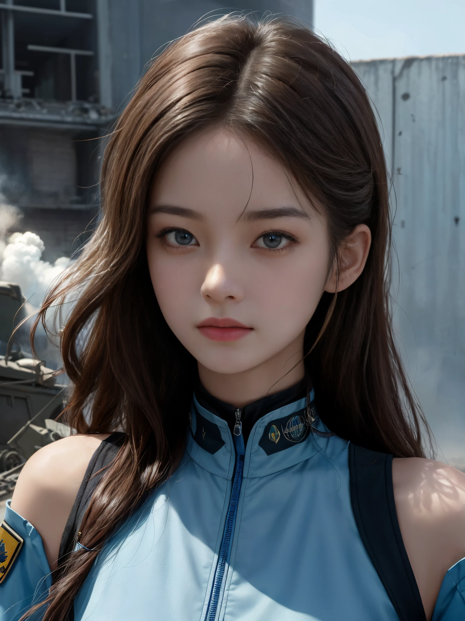 (1girl in:1.3), Solo, (((Very detailed face)))), ((Very detailed eyes and face)))), Beautiful detail eyes, Body parts__, Official art, Unified 8K Wallpaper, Beautiful and beautiful, Beautiful, masutepiece, Best Quality, Original, masutepiece, Super Fine Photo, Best Quality, 超A high resolution, Realistic realism, Sunlight, Full body portrait, Amazing beauty, Dynamic Pose, Delicate face, (Bright eyes from the front), She wears a combat suit, black with one -point red color scheme, women military uniform, Very detailed abandoned warehouse background, Detailed face, Detailed complex busy background, Messy, Gorgeous, Milky White, highly detailed skin, Realistic skin details, Visible Pore, Clear focus, Volumetric fog, 8K UHD, High quality, Film grain, Fair skin, photorealisim, Lomography, futuristic dystopian giant metropolis, Explosion smoke,emergency siren,In battle with the enemy,tense look,tense situation,Combat helicopter,Well-formed beautiful face,Oriental,Korea person,Super beautiful girl in her 10s,A girl full of spirit,Rushing through danger as a rescue worker,strong-willed woman,Strong Woman,former mercenary,fighting professional,Duties: Relief activity team leader,Clearing blue sky,A precious girl who defends the holy war with a pure heart.,Transport the minimum necessary medical equipment,Angle photo from below,Rin, the symbol of battle々Shishi Face,kawaii faces,CLC Yujin,ive Yujin, commander,