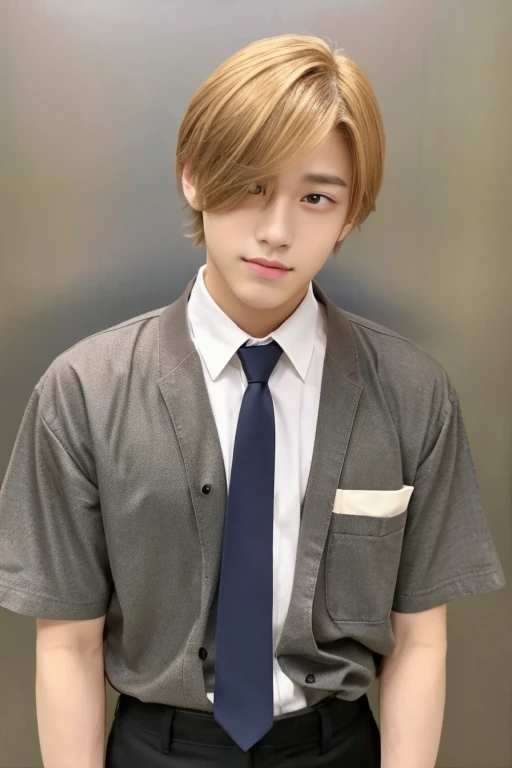 male,center parts,forehead,beautiful young man,japan america mix, age,like a girl,orange blond hair,light brown eyes,gray shirts,white necktie,black pants,from front,full body,double eyelids,tearful