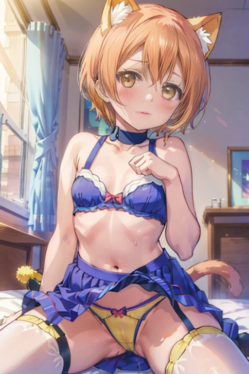 (((pixel perfect, Detail Perfect))), Solo, 1girl in, Hoshizora Rin, Looking at Viewer, Sweat, Heart-shaped pupil, cum on, nedium breasts,
blush,
view the viewer, From below, Focus, Beyond the particles of light, Love hotel bedroom, Yellow Bra,yellow garter belt,Yellow underwear,Yellow tights,small tits,Straddling,cat ear,Cat tail,Cat Pose,straddle