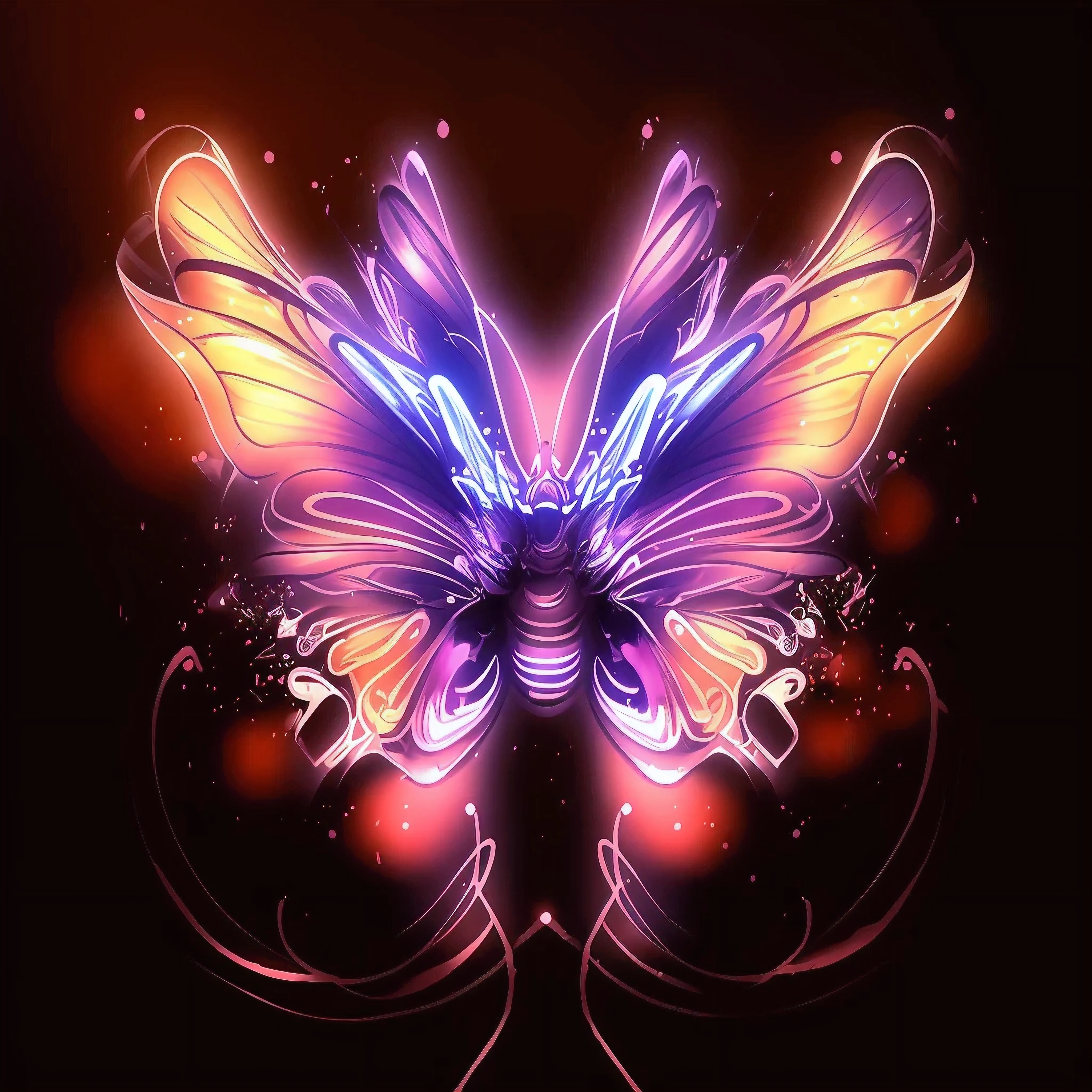 a butterfly with glowing wings and swirls on a dark background, butterfly lighting, harmony of butterfly, beautiful digital art, butterfly, glowing butterflies, gorgeous digital art, very beautiful digital art, luminescence,highly detailed, digital art style, neon wings, beautiful gorgeous digital art, stylized digital art, digital art picture, soft butterfly lighting, photo of a mechanical butterfly