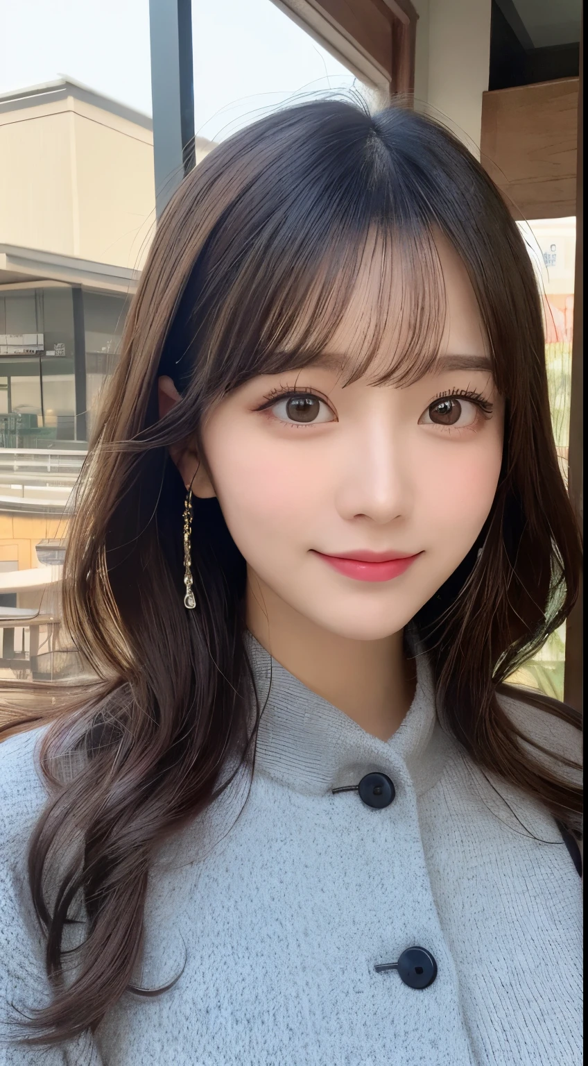 masutepiece, Best Quality, Illustration, Ultra-detailed, finely detail, hight resolution, 8K Wallpaper, Perfect dynamic composition, Beautiful detailed eyes, Fluffy navy Tokyo winter clothes with elegant fur,Medium Hair,small ,Natural Color Lip,Smile,20 years girl、Cute、Sexyok at the camera,Always blur the background,Perfect and beautiful face,Take only the face,beautiful and detailed face、slim face and style、Big eyes、Classy face、beautifull detailed face、KPOP Idol Face、Japan Idol Face、Big eyes、cafeteria