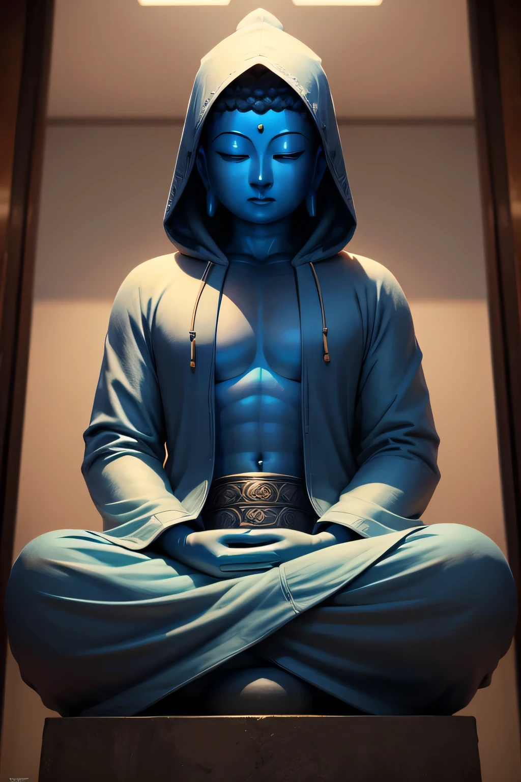 There is a blue Buddha statue facing the front and wearing a hoodie hood,Buddha, the buddha, buddhism, beautiful image,Buddha,Buddha