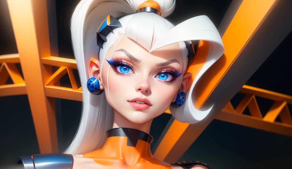 1 girl, beautiful,sharp features,hyper realistic,8k, white hair in high ponytail , strand of hair sticking out, earings that look like screws, seductive features,blue eyes, orange makeup, orange accessories ,detailed realistic hair