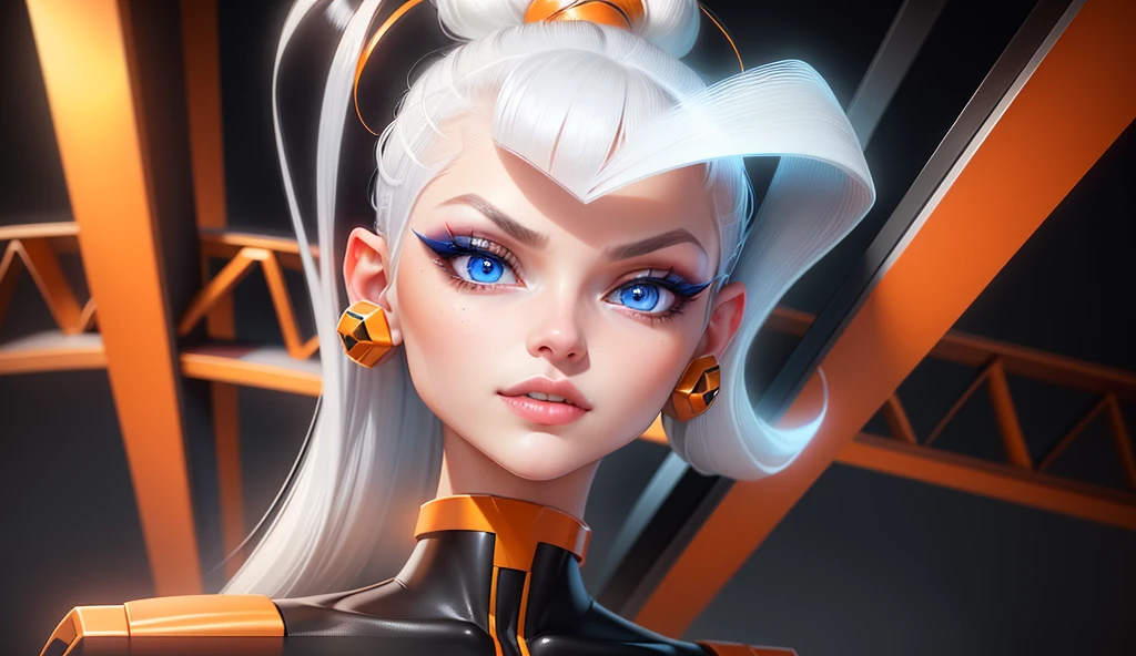 1 girl, beautiful,sharp features,hyper realistic,8k, white hair in high ponytail , strand of hair sticking out, earings that look like screws, seductive features,blue eyes, orange makeup, orange accessories ,detailed realistic hair