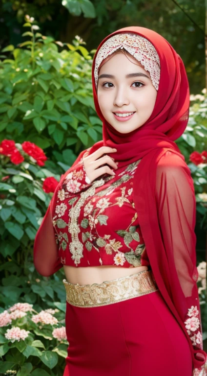 (8K, Raw photography, best quality, masterpiece: 1.2), ultra-detailed art, high resolution, (Photorealistic, Photorealistic photography: 1.37), High Detail RAW Color Photography, professional photography, very smooth and beautiful, highly detailed, Image Wallpaper 8K, stunning and detailed details, large file size, Official artwork, Highly detailed 8K Unity CG wallpapers, Highly detailed beautiful women, extra detailed faces, very detailed eyes, extra realistic eyebrows, very detailed facial skin, very detailed, extra detailed on the fingers, very detailed nose, very detailed mouth, perfect anatomy, very detailed background, (lighting), detailed light rays, (medium bust: 1.1), ((sharia hijab clothing: 1.1;)), ((body petite)), ((photo of woman wearing a red hijab with a floral pattern)), ((Muslim woman wearing a red hijab with a floral pattern)), ((full body photo)), medium breasts, thick eyebrows, ((looking at the audience)), (( graceful pose )), ((standing straight in the flower garden)), hands behind head)), ((both hands behind back)), (spreading armpits), ((smiling face)), happy face, laughing face, the creative class above, shows a full body photo showing feet in nice shoes, a masterpiece