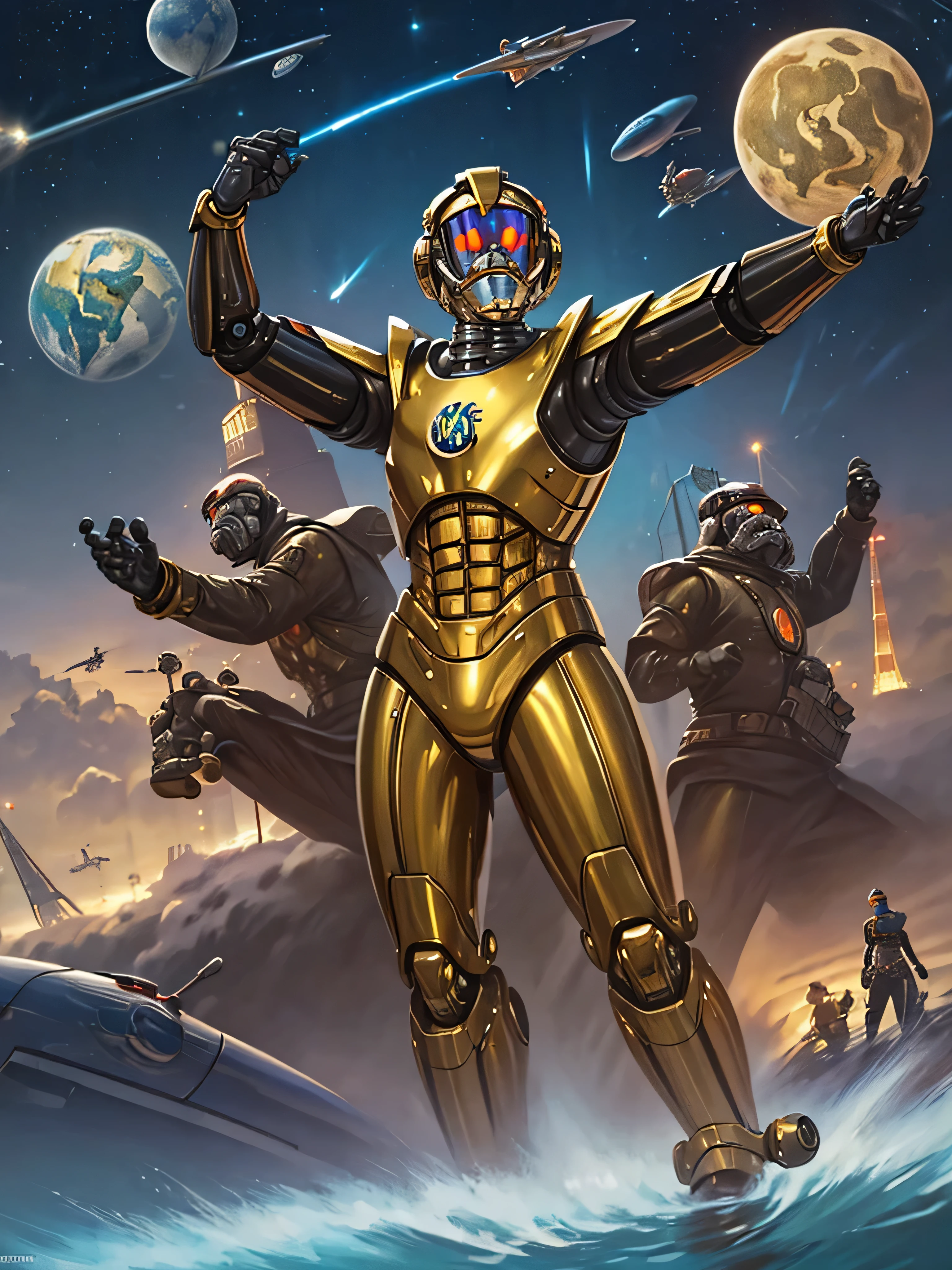 (masterpiece, best quality:1.33), A realistic and immersive digital illustration of an artificial intelligence monkey/robot made of glass/gold, having its own unique adventures. The monkey-robot is autonomous, curious and creative, In the illustration, we see the monkey-robot as it explores and navigates planet Earths city of San Francisco. It encounters and investigates various elements best quality 8k art by Ray Shark