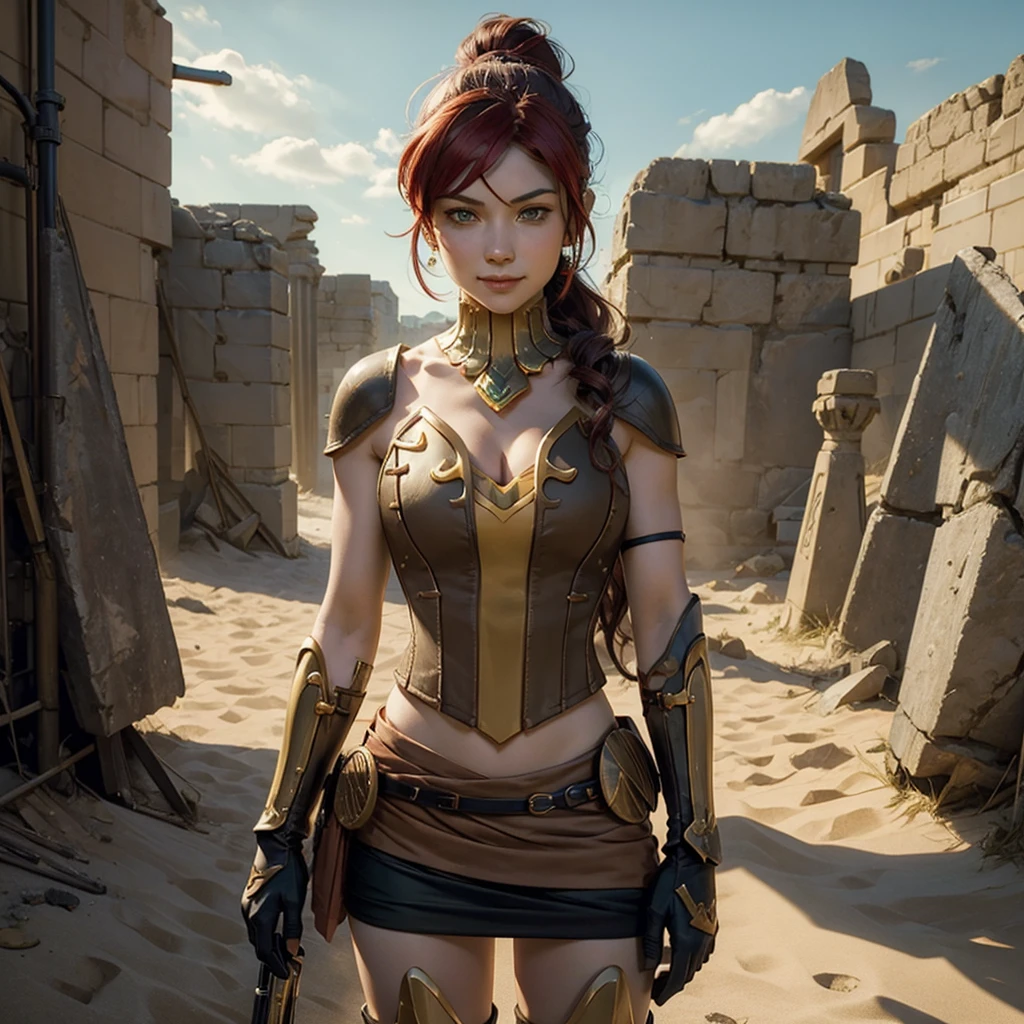 masterpiece, best quality, pyrrha nikos, ponytail, circlet, bustier, large breasts, skirt, elbow gloves, bracers, armored boots, upper body, holding shield, looking at viewer, furrowed brow, smile, sand dunes, pyramids, ruins