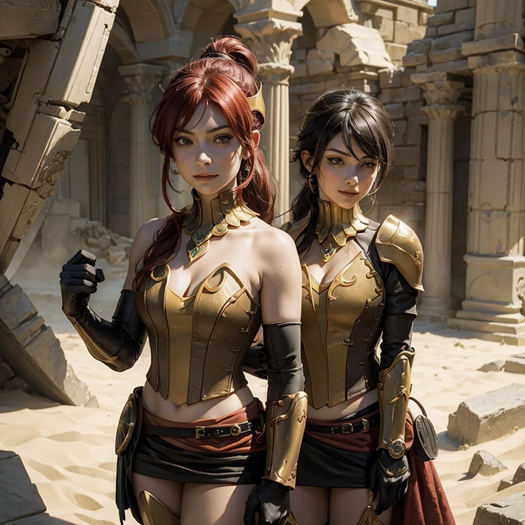 A red-haired warrior, standing backwards, wearing plate armor, Steel gauntlets, steel gloves and steel breastplate, Looking back, wearing a short skirt, red skirt, witheout panties, big sexy ass stuffed, steep, round, showing pussy, pussy appearing from below, (up skirt), medieval fantasy, d&d, RPG, Masterpiece artwork, best qualityer, 8K