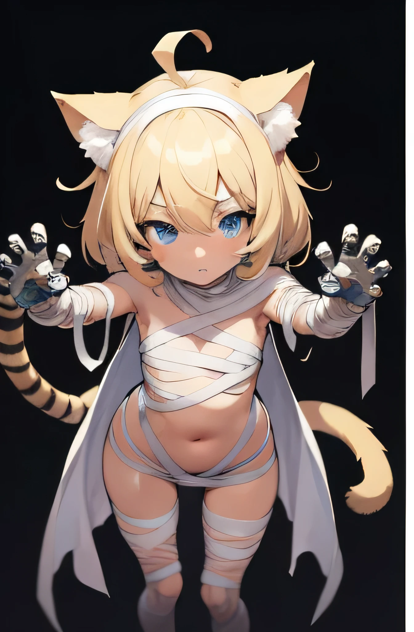 Mummy costume，bandagens，The content is very detailed，Mechanical components，Has cat ears，A cat's tail，comb blond hair，flatchest，bit girl，Three View，with whole body visible