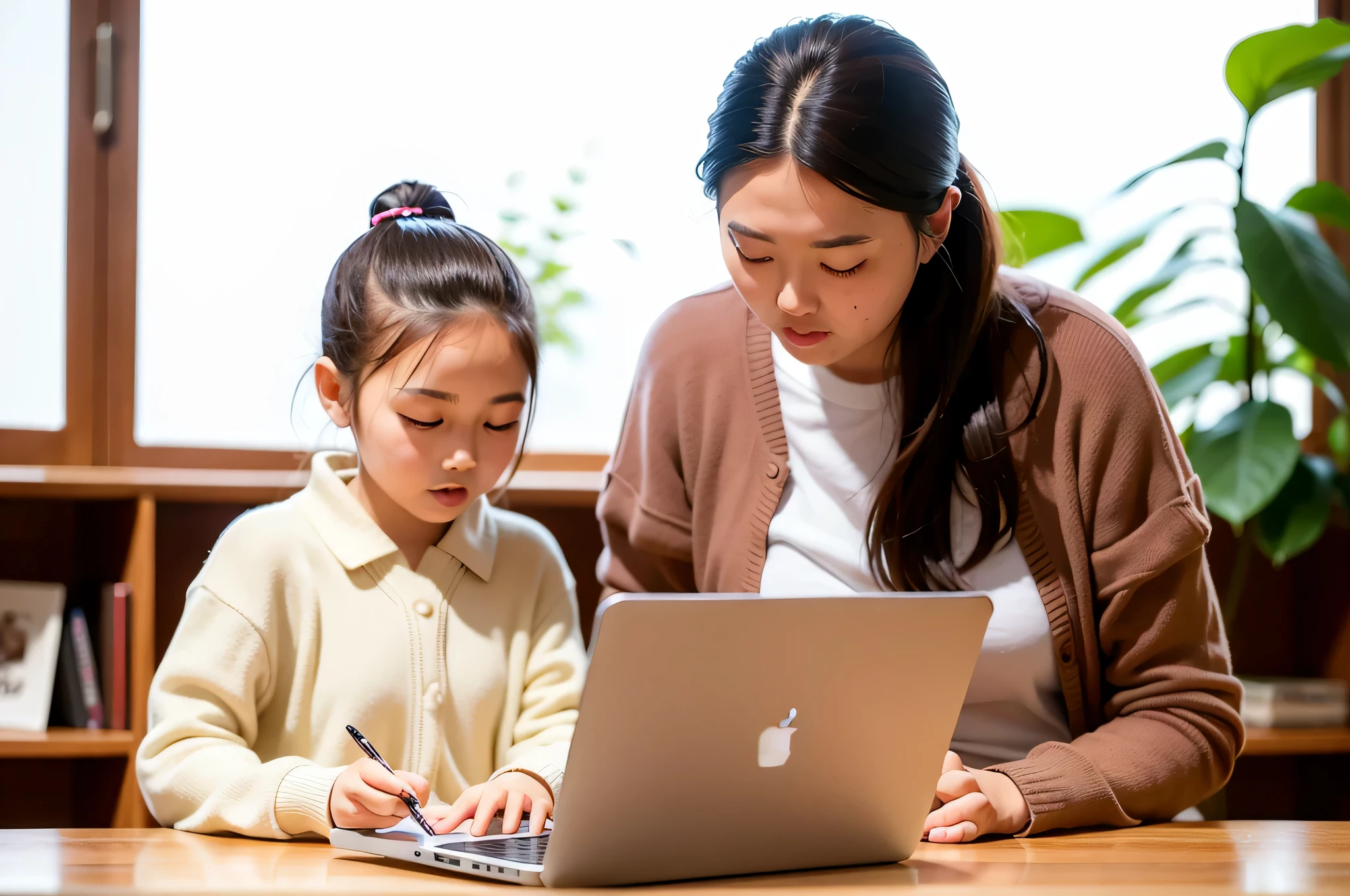 有一个女人和一个Gamine正在看笔记本电脑, Combined with technology, in front of a computer, Gamines, young asian girl, using a laptop, Gamine们, window shutters, working in her laptop computer, beginner, Gamine, pic, , The complete theme is shown in the figure, 坐in front of a computer, kind teacher, 坐in front of a computer