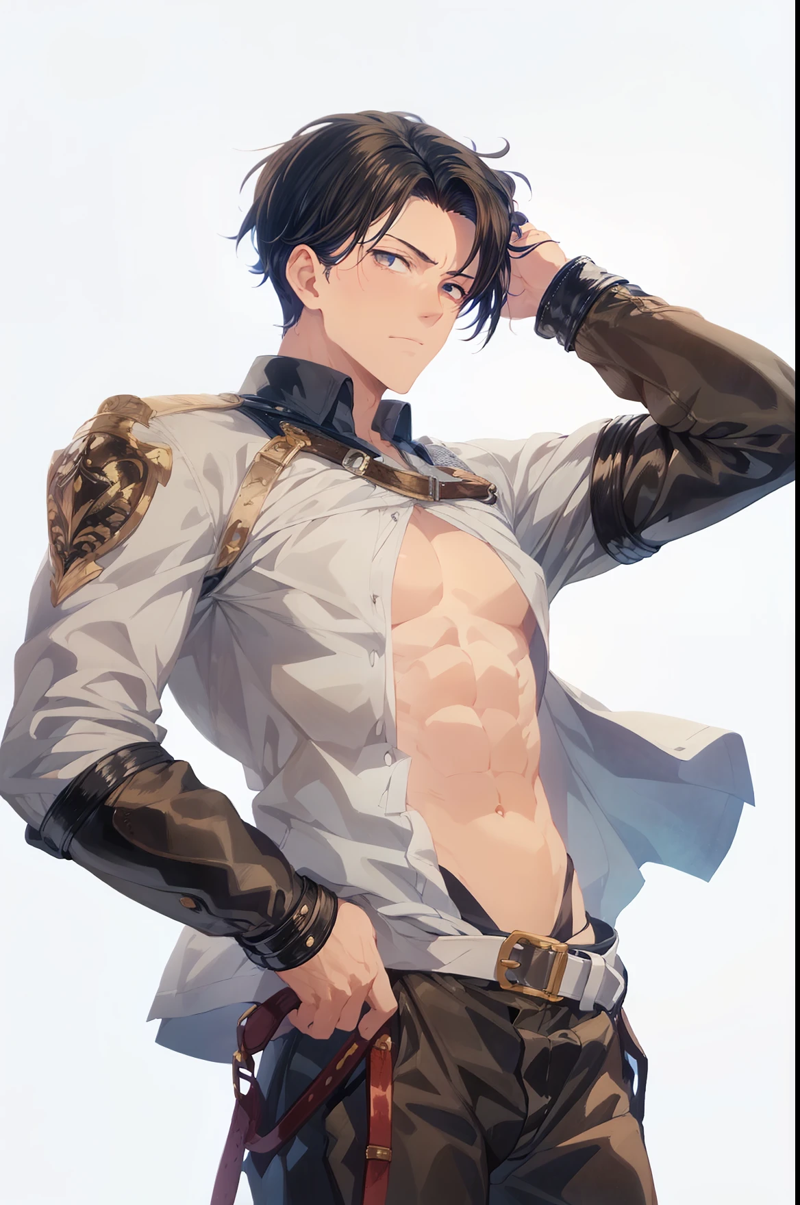 young boy, short gray hair, Cat's ears, Heterochromia, Yellow left and brown right eyes, tattoo, open torso, Chinese general's pants, swords, Masterpiece, hiquality