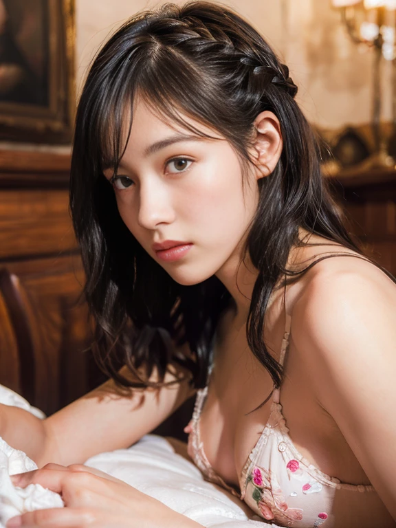 (a girl),braid hair with bangs,innocent,eighteen-year-old, body,lying in bed,devastated expression,perfect lighting,solo focus,small and firm breasts,naked,front angle,radiant skin,vibrant eyes,soft pink lips,curly lashes,ruffled bedsheets,gentle breeze,floral scent,subtle blush,natural beauty,strong emotions,tousled hair,delicate features,feminine curves,body language,raw vulnerability,tan skin tone,shadows and highlights,classical painting style,elegant composition,romantic atmosphere,soft warm tones,subdued lighting,dramatic contrast,artful chiaroscuro,ethereal aura,intricate details,realistic textures,dynamic brushstrokes, full body view