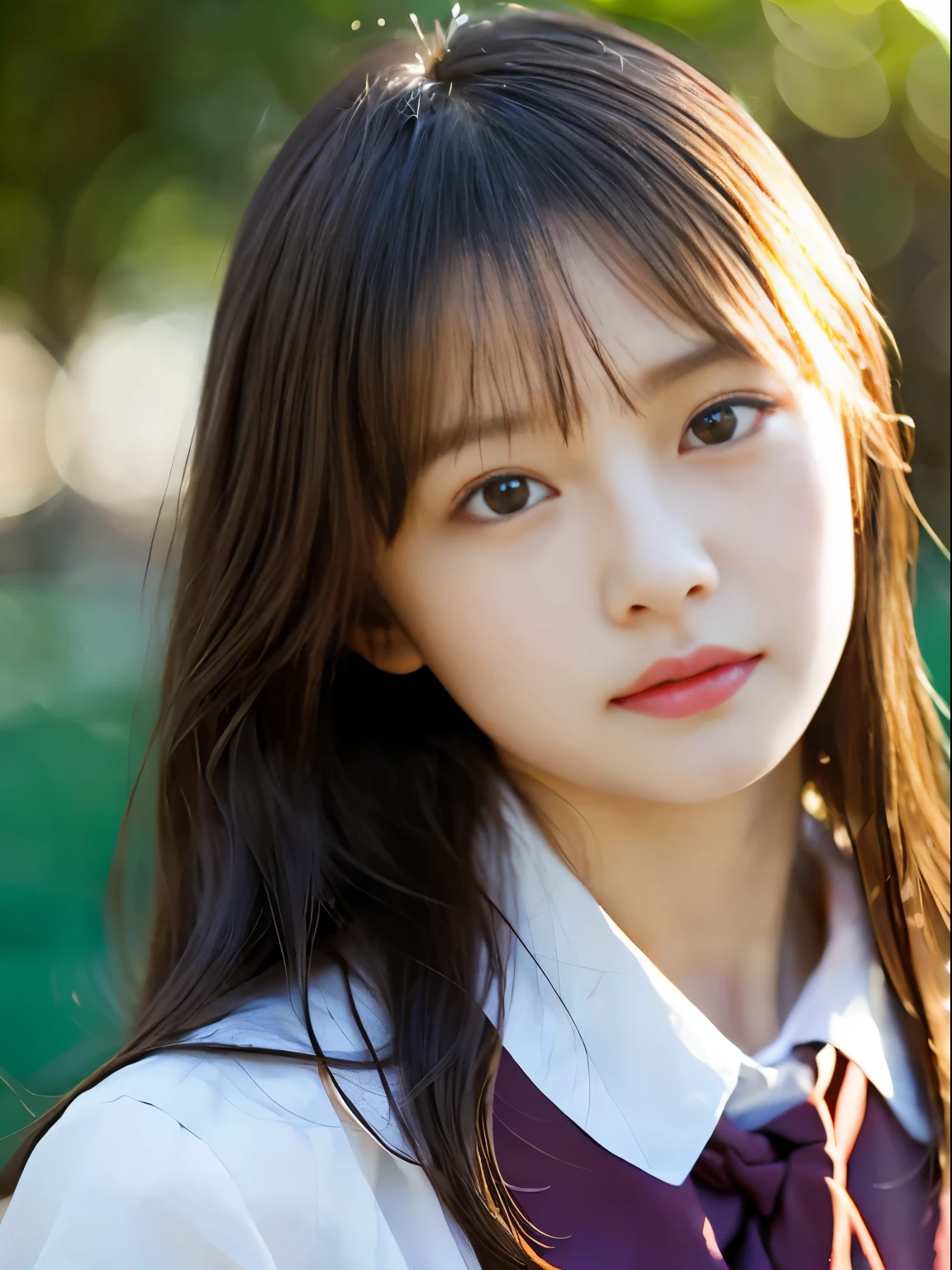 (Raw photo, Best Quality), (Realistic, Photorealsitic:1.3), masutepiece, Extremely delicate and beautiful, Soft light, (Black hair,Long hair, layers-Cut), Beautiful detailed girl, (Precise fingers, Eyes and faces with detailed, beautiful detailed nose, Beautiful detailed eyes, 1 girl, japanes, Neat and clean beauty, Cute, 年轻, In uniform， (Half body:1.3), (medium breasts), Realistic face, Realistic body, ‎Classroom