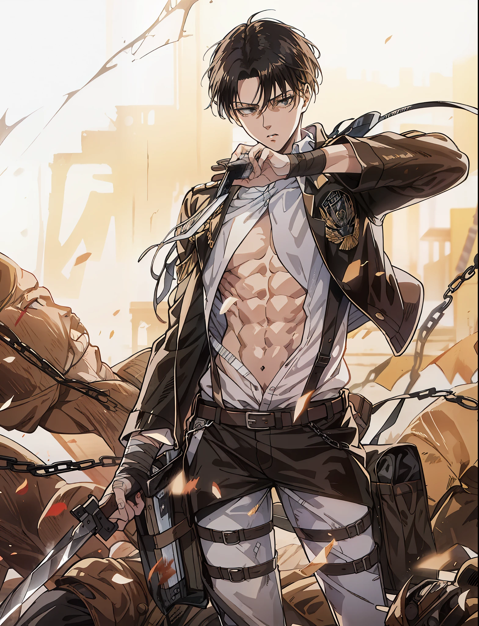 Levi Ackerman, Masterpiece, Fine, Realistic, 1 Person, Black Eyes, Hands, Tall Muscles, Handsome Man, Portrait, Super Detailed Face, (Dark Hair), Dark Delicate Eyes, Short Hair, White Shirt, Background, abs, eyes, black pants, bandage, cardigan, white pants, holding a long knife, ancient battlefield, war, belt
