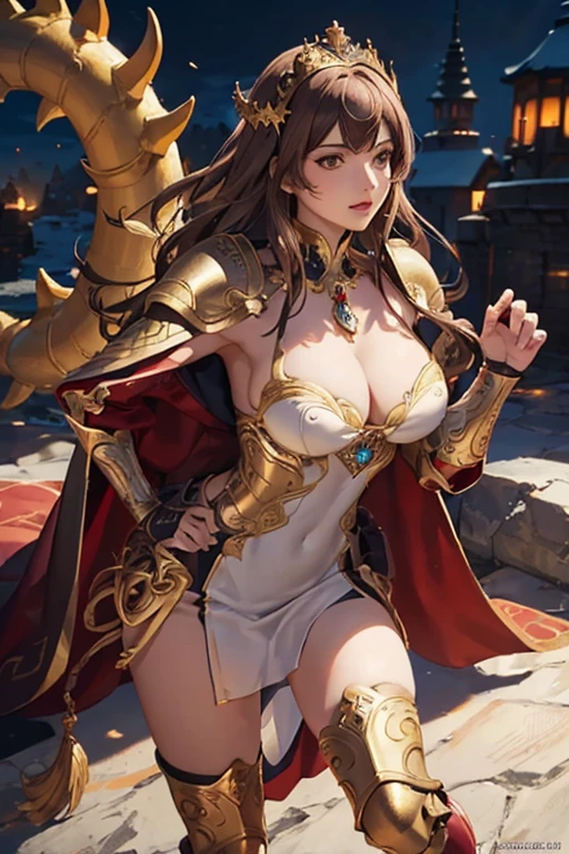 female goddess in the form of, Hunting, Medieval theme, ((A MILF)), tempting look, Dynamic Poses, dynamic angled shot, Flowing hair,
(((masutepiece))), ((Best Quality)), ((intricate-detail)), ((hyper realisitic)), a sexy woman with god attributes cloths, (big breasts), red dragon armor, bracers, dragon gauntlet,, head ornament, long-one-piece dress, pauldrons, beautiful armor, Cape, Perspective, Highly detailed, Illustration, 1 girl, Perfect hands, Detailed fingers, Beautiful detailed eyes,(Goldeye), Long hair, brown hair melancholy:1.2), armor, Fur coat, Abstract background, at god temple, nighttime scene ,fierce look, Looking at the viewer, From the front,
