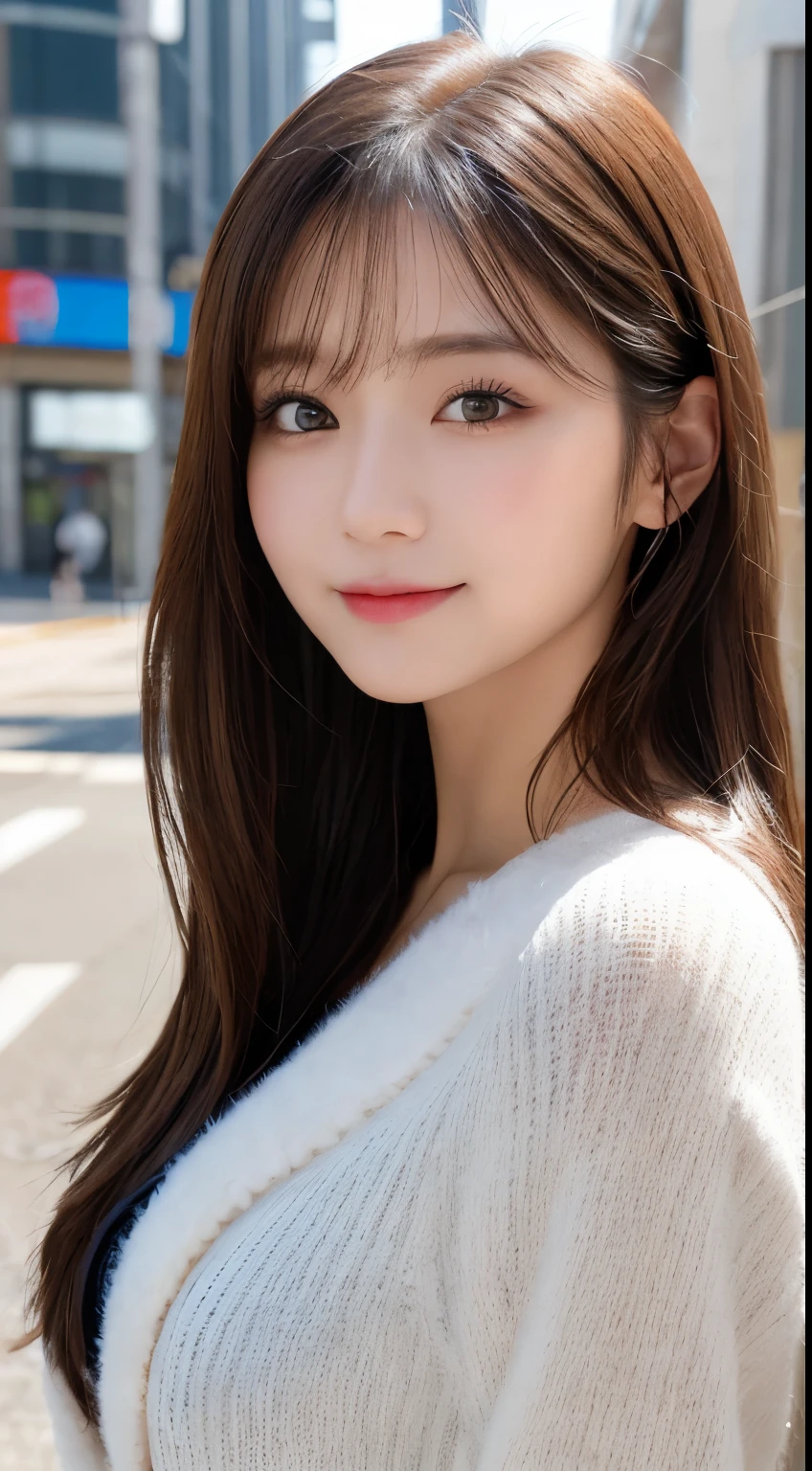 masutepiece, Best Quality, Illustration, Ultra-detailed, finely detail, hight resolution, 8K Wallpaper, Perfect dynamic composition, Beautiful detailed eyes, Fluffy gray Tokyo winter clothes with elegant fur,Medium Hair,small tits,Natural Color Lip,Smile,20 years girl、Cute、Sexy look at the camera,Always blur the background,Perfect and beautiful face,Take only the face,beautiful and detailed face、slim face and style、Big eyes、Classy face、beautifull detailed face、KPOP Idol Face、Japan Idol Face、Big eyes