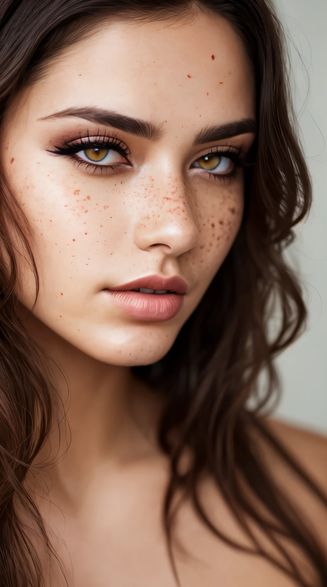 beautiful lady, freckles, dark makeup, hyperdetailed photography, soft light, head and breast portrait, cover,, best quality, (detailed beautiful face, detail skin texture, ultra-detailed body:1.1)