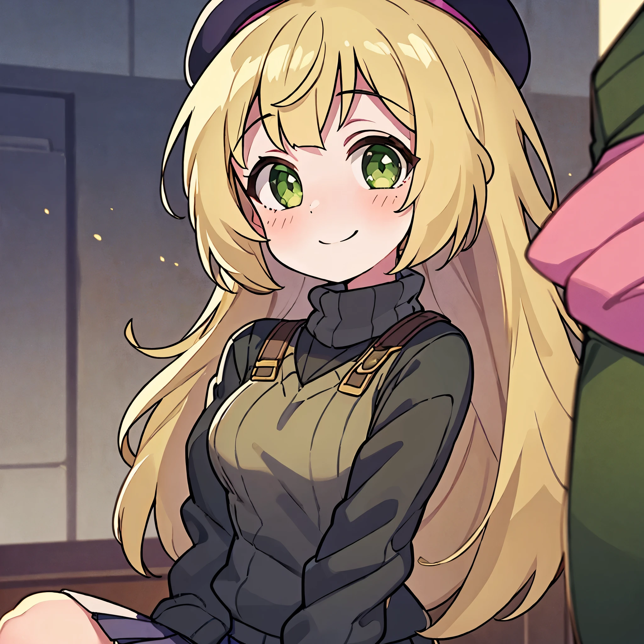 1girl, only one girl, one girl only, wearing a pink beret, wearing a gray knit sweater and multi-green pleated skirt, close up shot, smile, blonde hair, olive green eyes, classic bob hairstyle, looking at the viewer