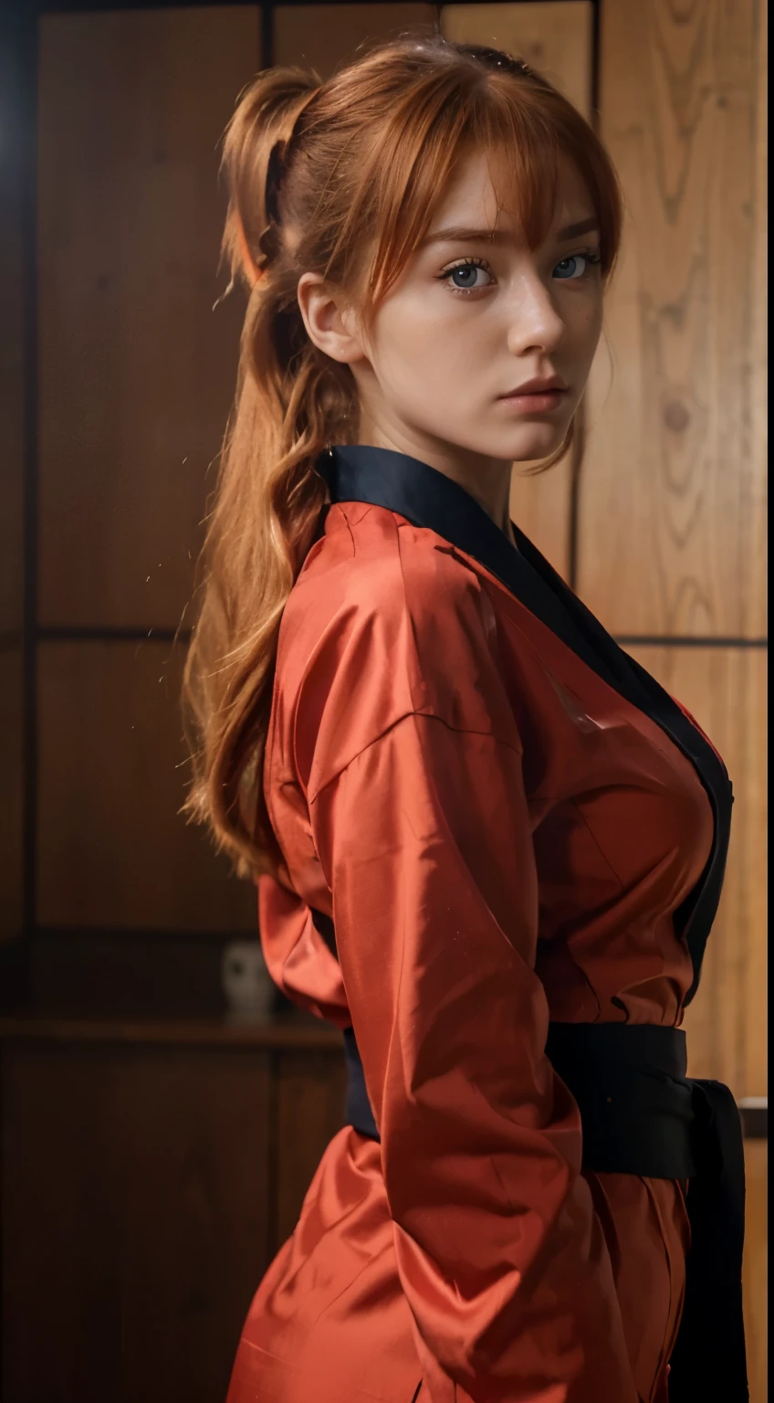 (best quality), high resolution,Asuka Langley Soryu, Beautiful Pretty Mixed German Babe, (Beautiful face), sexy lips, Auburn Twin Tails Ginger Hairs, intense gaze, dark blue detailed beautiful eyes, combine realism and anime influence, (dynamic pose), traditional japanese red kimono, red v neck shirt, fashion editorial photoshoot, standing in tatami