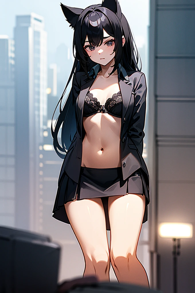 At school, a girl, looking at viewer, long black hair, black short skirt, cat ears, abusive, super detailed, 4k, open shirt, lingerie