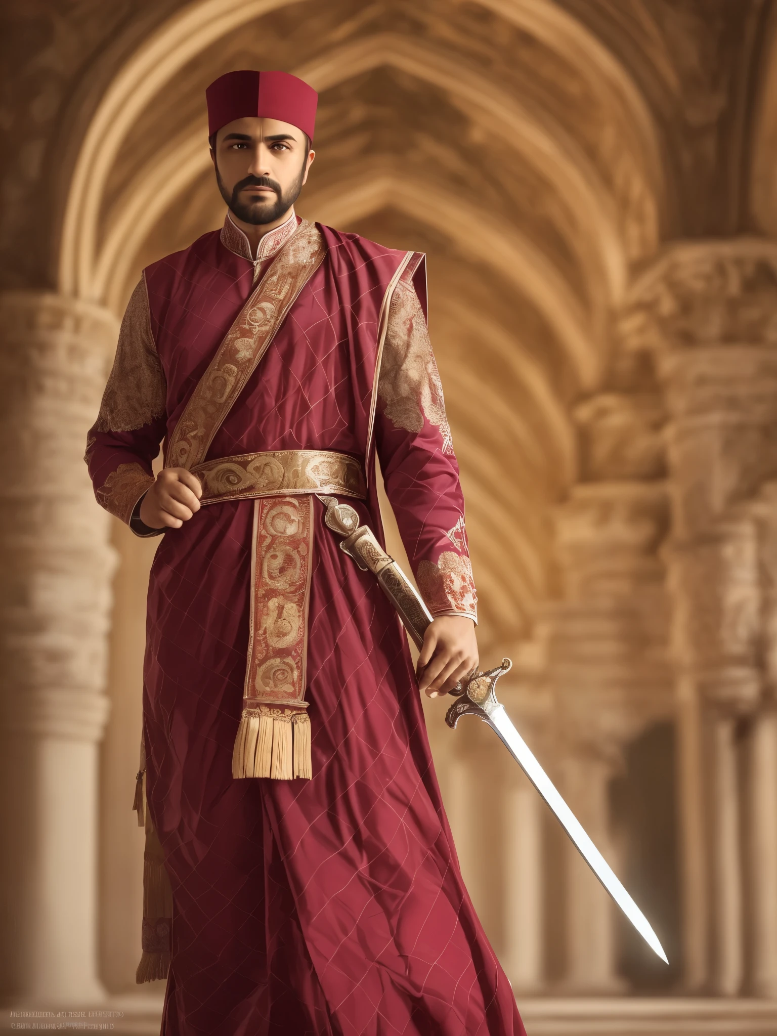 a sultan (doing something) holding a sword in (setting) a palace during (time) the golden age, taken with (camera type) a DSLR with (camera lens type) a portrait lens, (lighting type) natural, (photography style) majestic --auto --s2