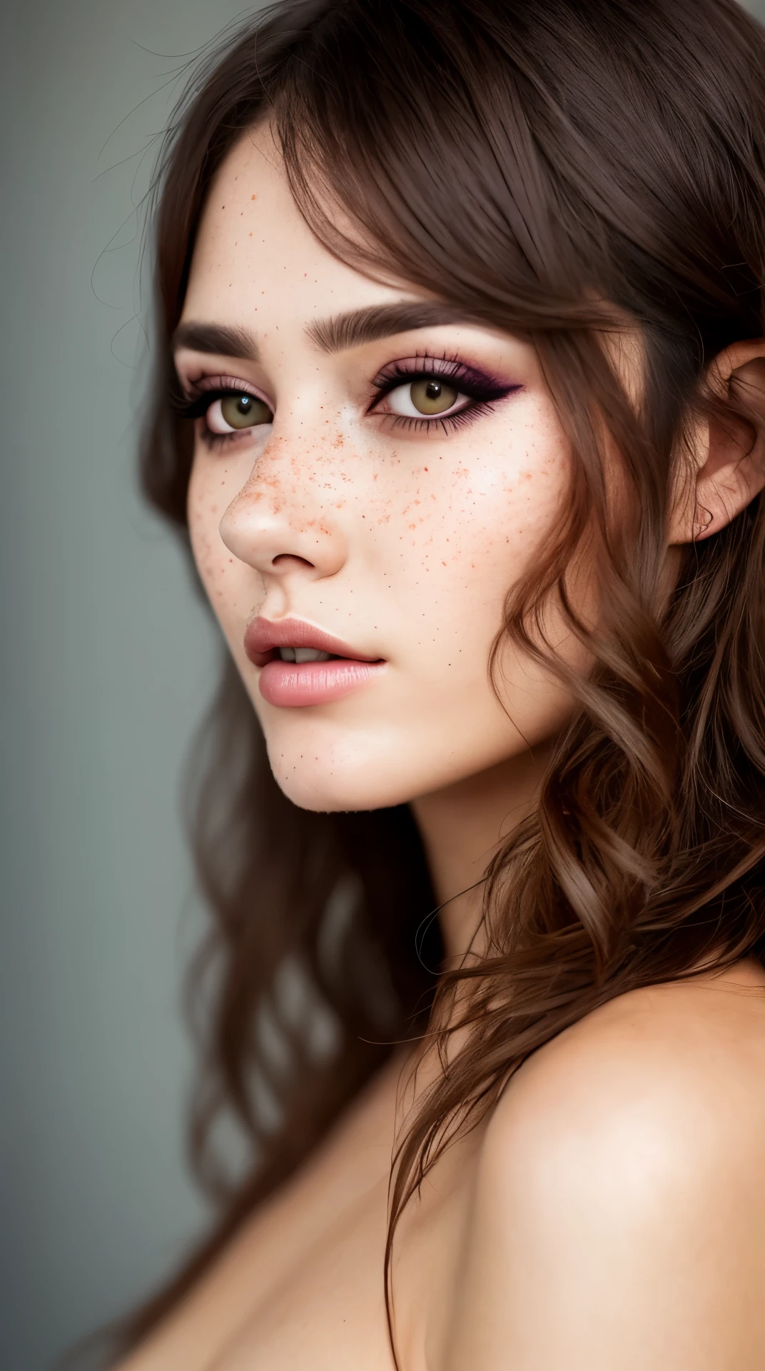 beautiful lady, freckles, dark makeup, hyperdetailed photography, soft light, head and breast portrait, cover,, best quality, (detailed beautiful face, detail skin texture, ultra-detailed body:1.1)